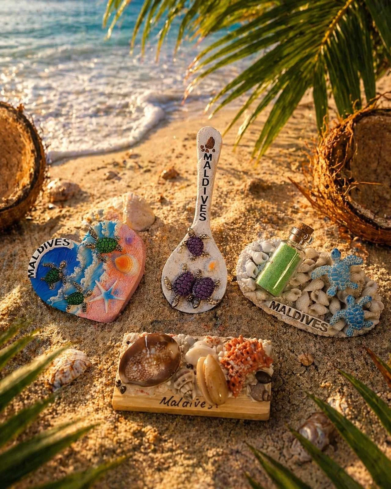 Collection of seashells, starfish, and marine-themed souvenirs on a sandy beach in the Maldives, surrounded by palm leaves and ocean in the background.