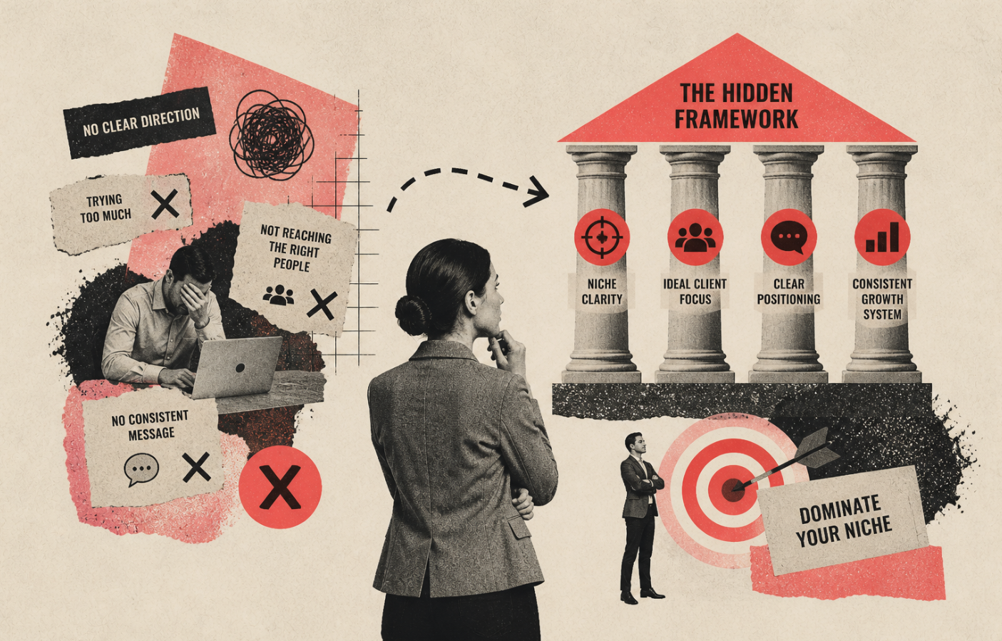 Editorial collage contrasting chaotic marketing efforts with a structured strategy framework, showing a shift from confusion to clear positioning and targeted growth.