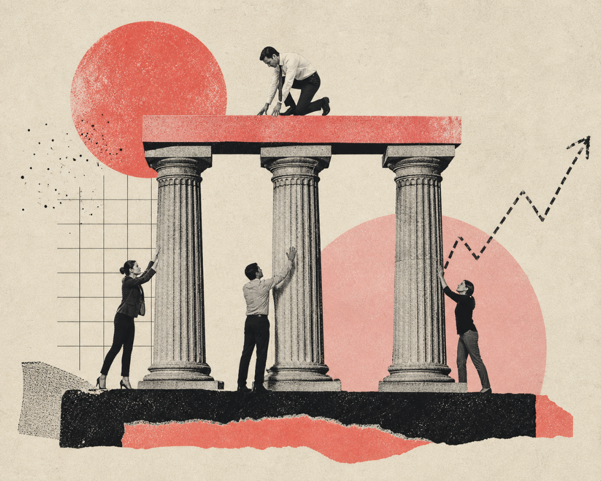 Editorial collage of business professionals building three classical pillars beneath a platform, symbolising the foundations required for sustainable business growth and scaling.