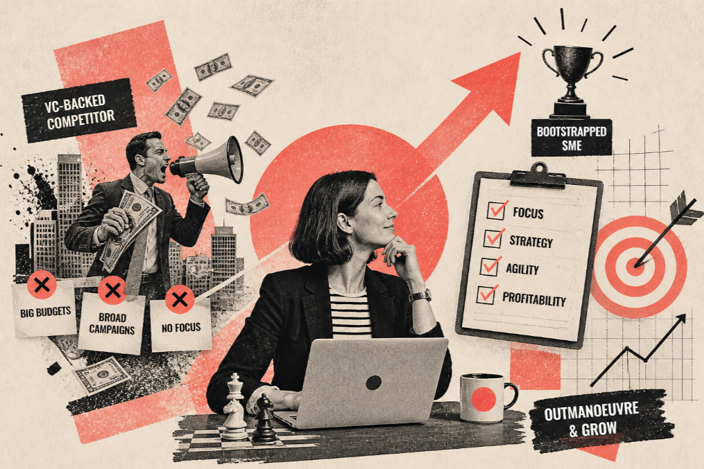 Editorial collage showing a contrast between a chaotic, money-driven VC-backed competitor and a focused bootstrapped SME, with a central figure using strategy and precision to achieve targeted growth and success.