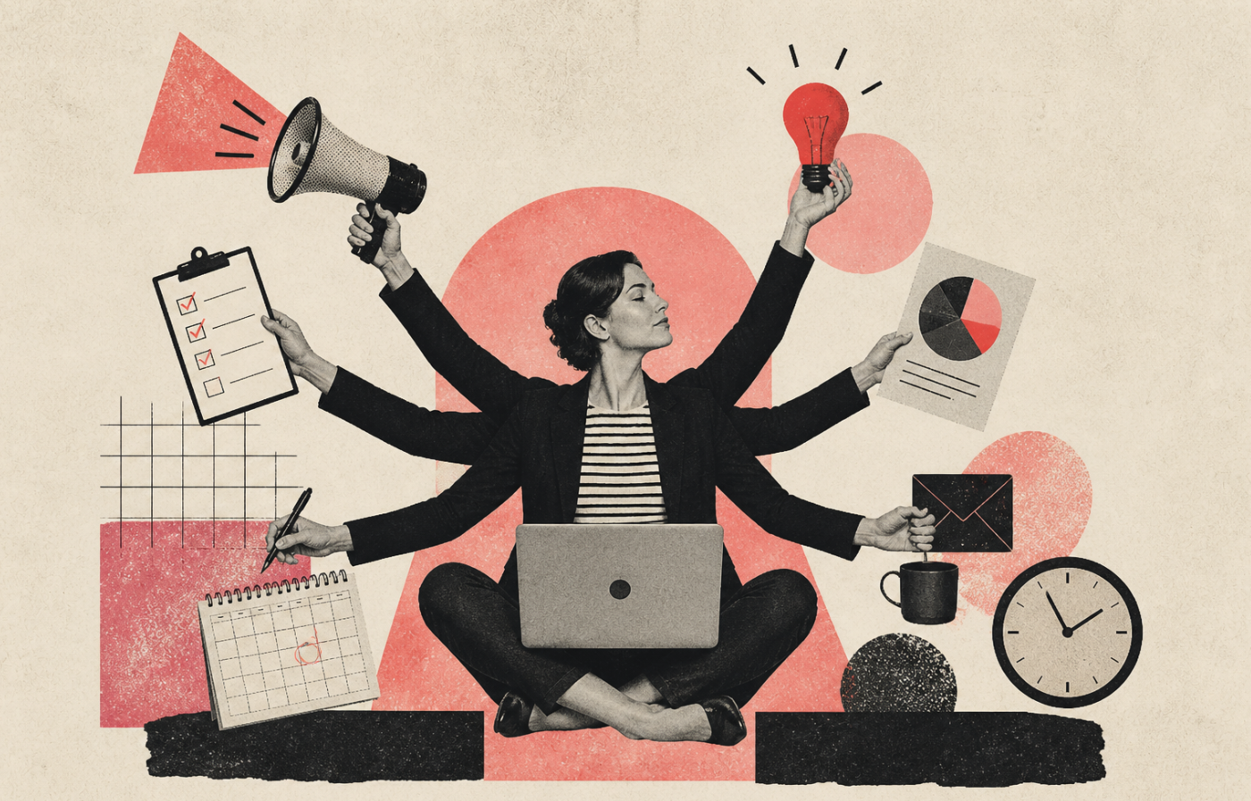Editorial collage of a single professional multitasking across multiple marketing activities, balancing tools like email, analytics, content, and planning, symbolising effective marketing without a full-time team.