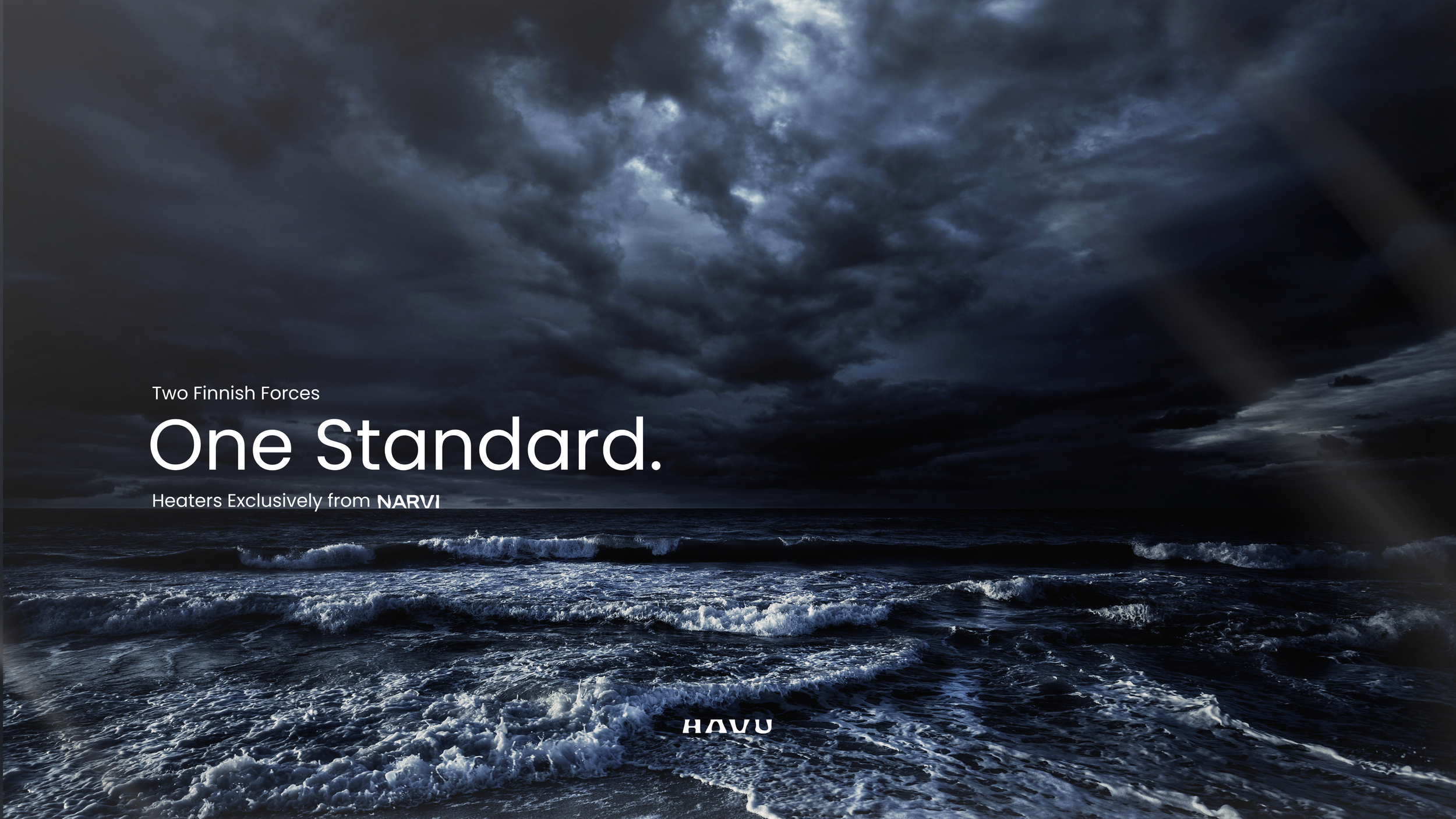 Dark stormy sky over turbulent ocean waves, with text overlay promoting heating products from NARVI and HAVU.