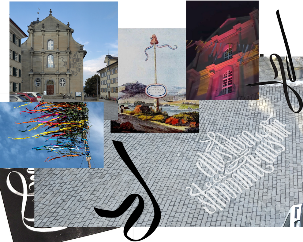 Künstlerische Collage mit historischer Kirche (Kirche Trogen), nächtlich beleuchtetem Gebäude, bunten Bändern, Illustration eines Freiheitsbaums und kalligrafischen Schriftzügen auf Kopfsteinpflaster