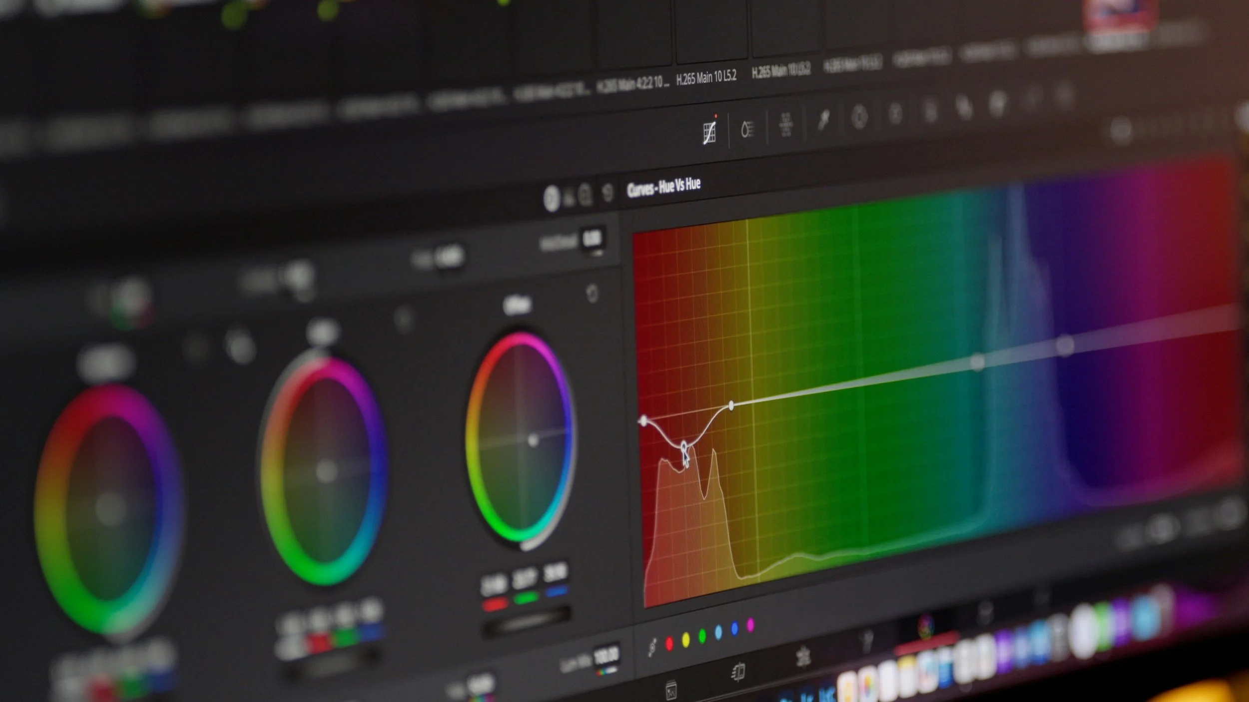 Computer screen displaying color grading software with colored histograms and adjustment curves.