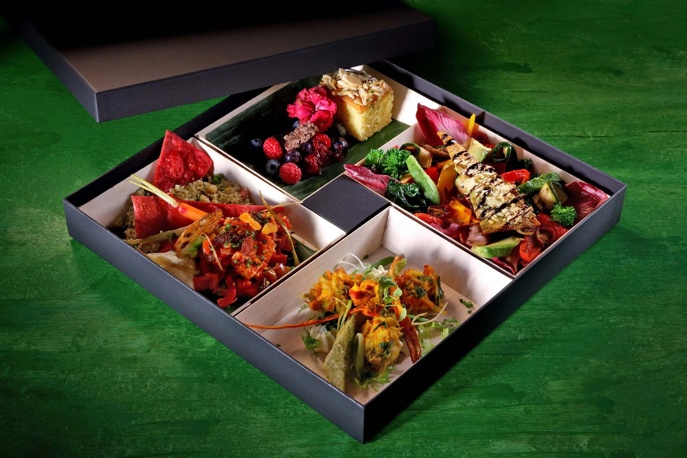 Vegan fine dining lunch box by Penniblack catering