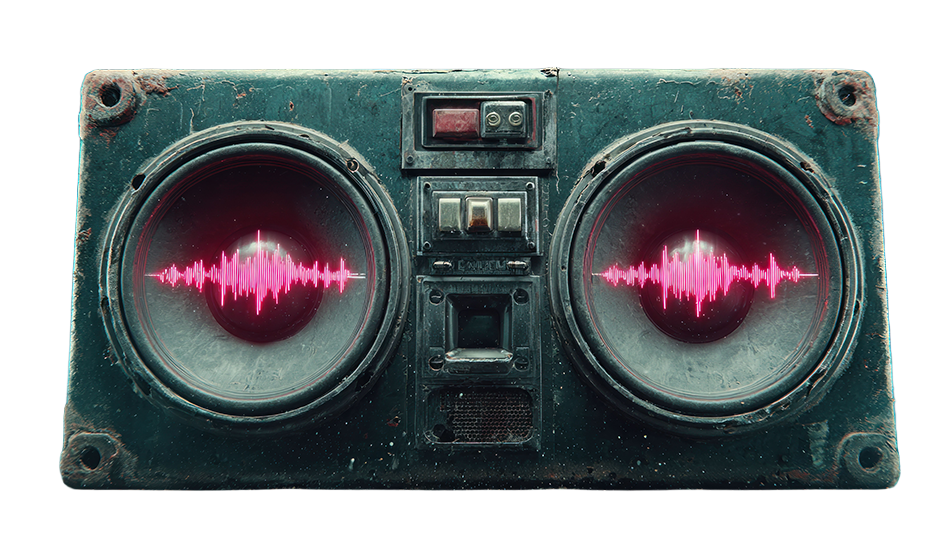 A vintage speaker with illuminated sound wave graphics on the two large speaker cones.