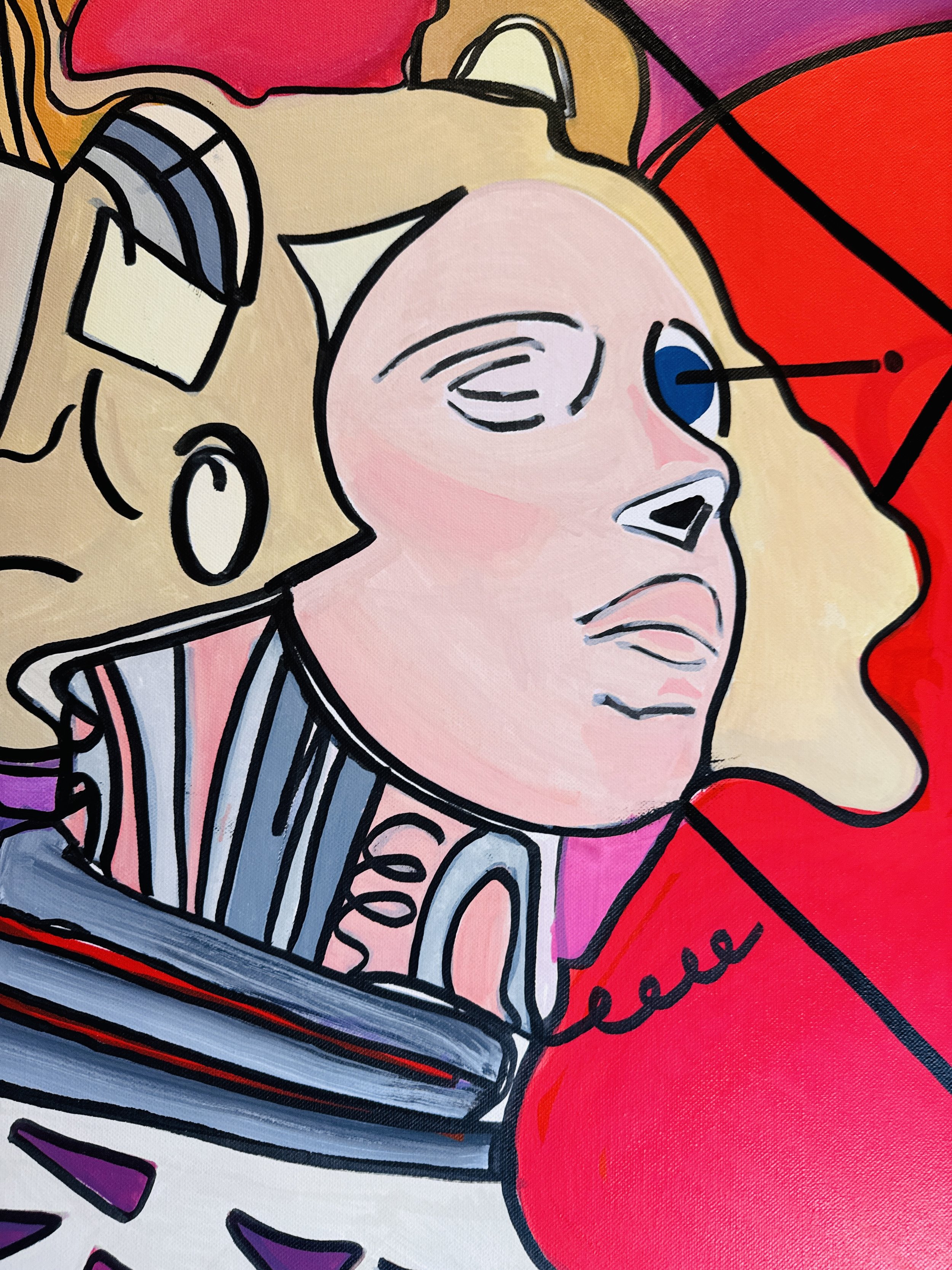 Street art depicting a woman with short blonde hair, blue eyes, and red lipstick, wearing a sporty top, against a red background.
