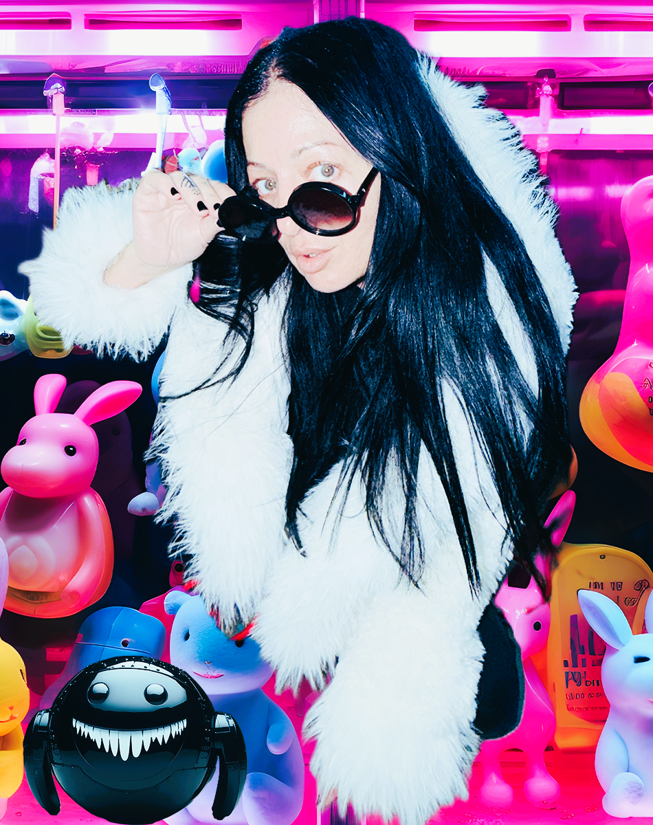 Person with long black hair wearing oversized sunglasses and a white furry jacket posing in front of a colorful display of giant bunny and animal toys under pink and purple neon lights.
