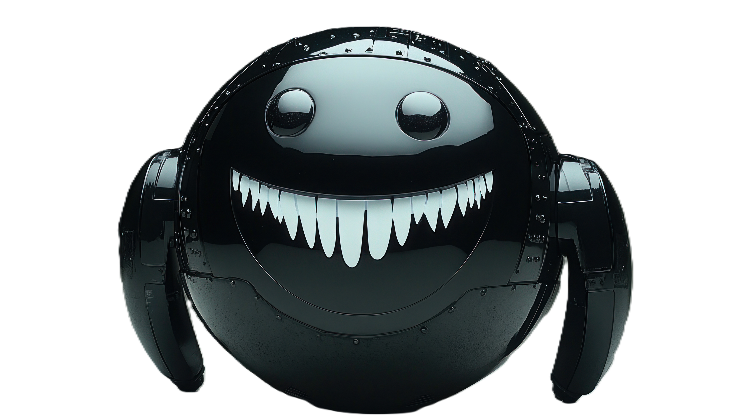 A robotic device with a smiling face, large white teeth, and shiny black exterior, resembling a cartoonish character.