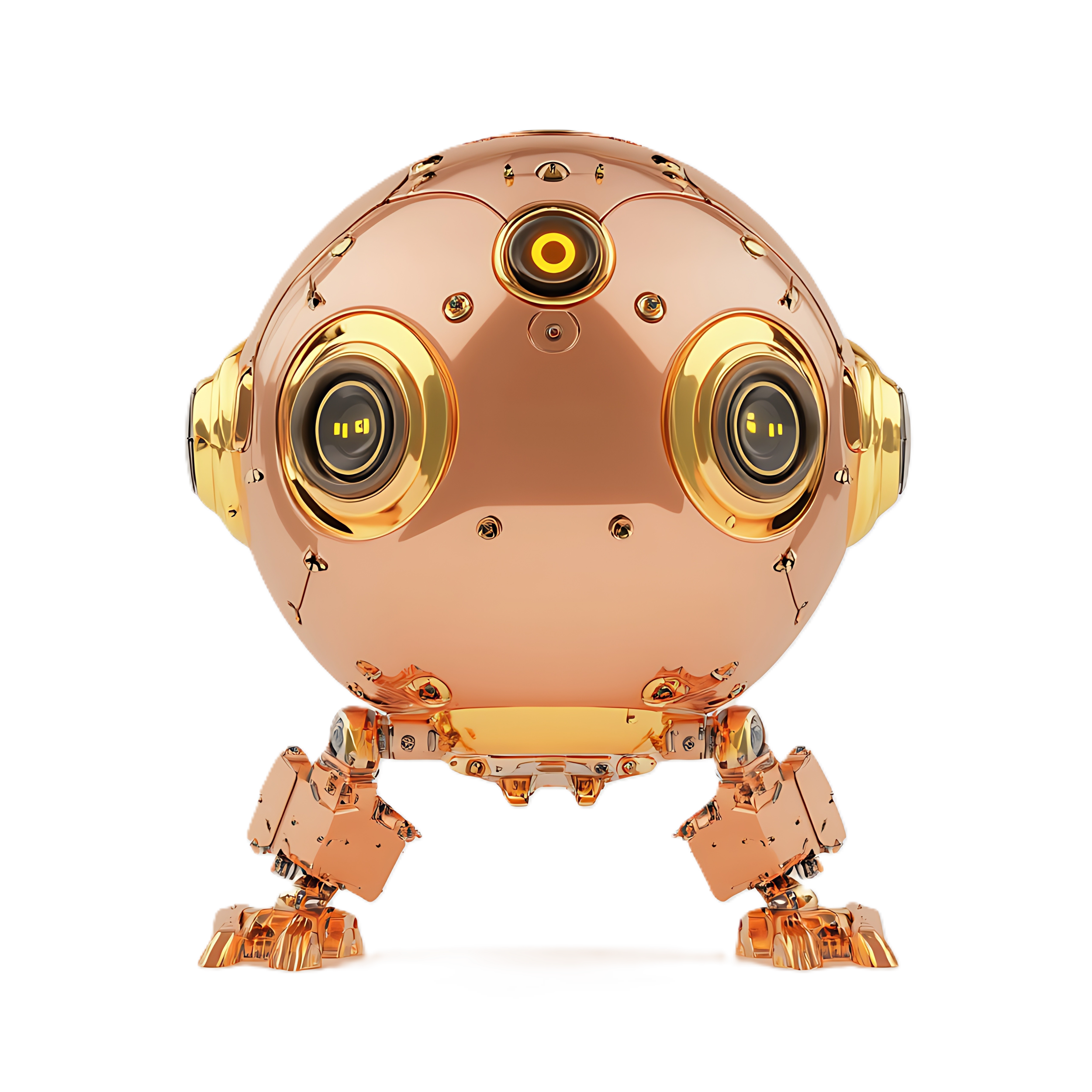 A futuristic, shiny, copper-colored robotic head with multiple circular speakers and electronic details, set against a black background.