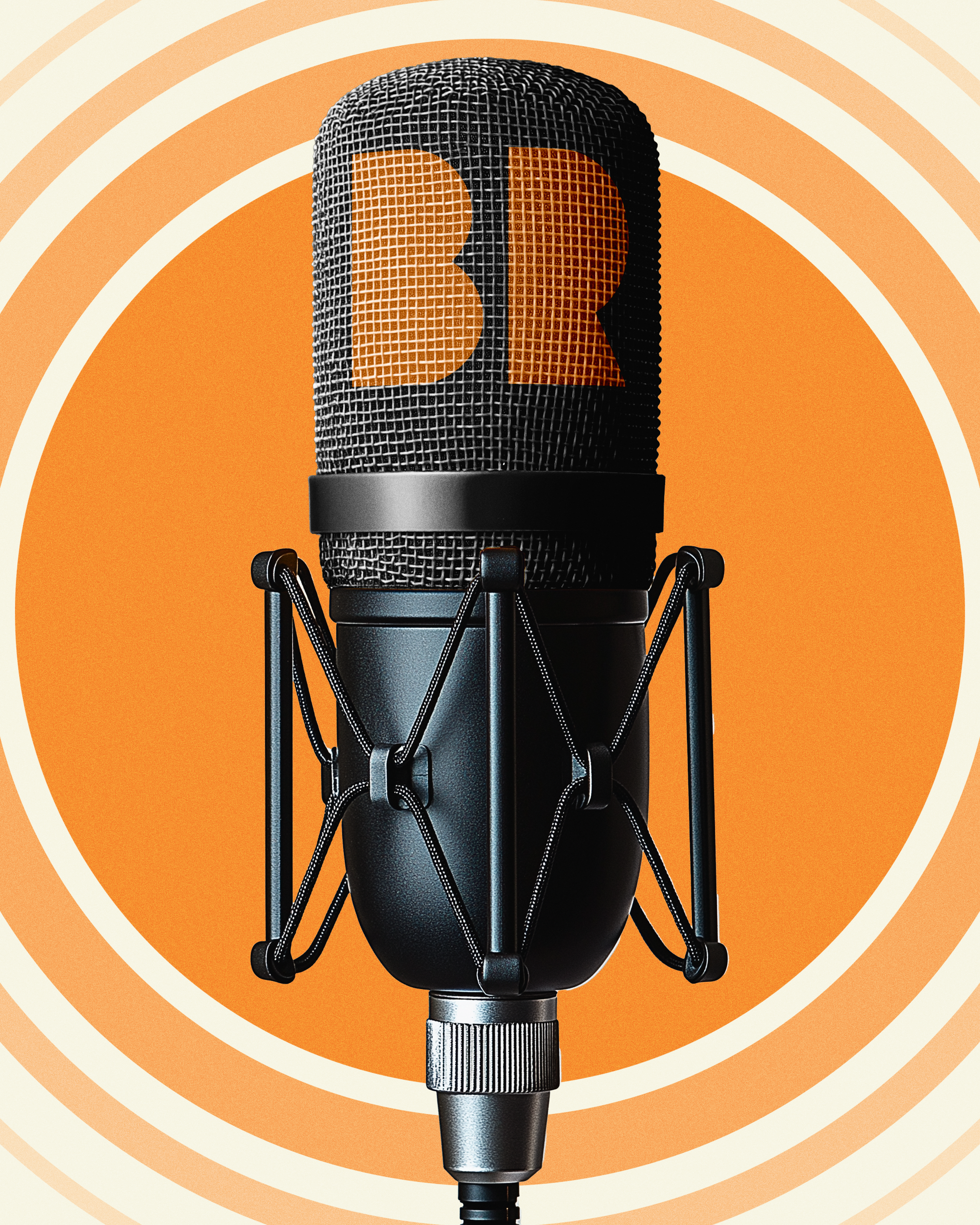 Studio microphone with a large letter B on the grille, set against an orange and beige concentric circle background.