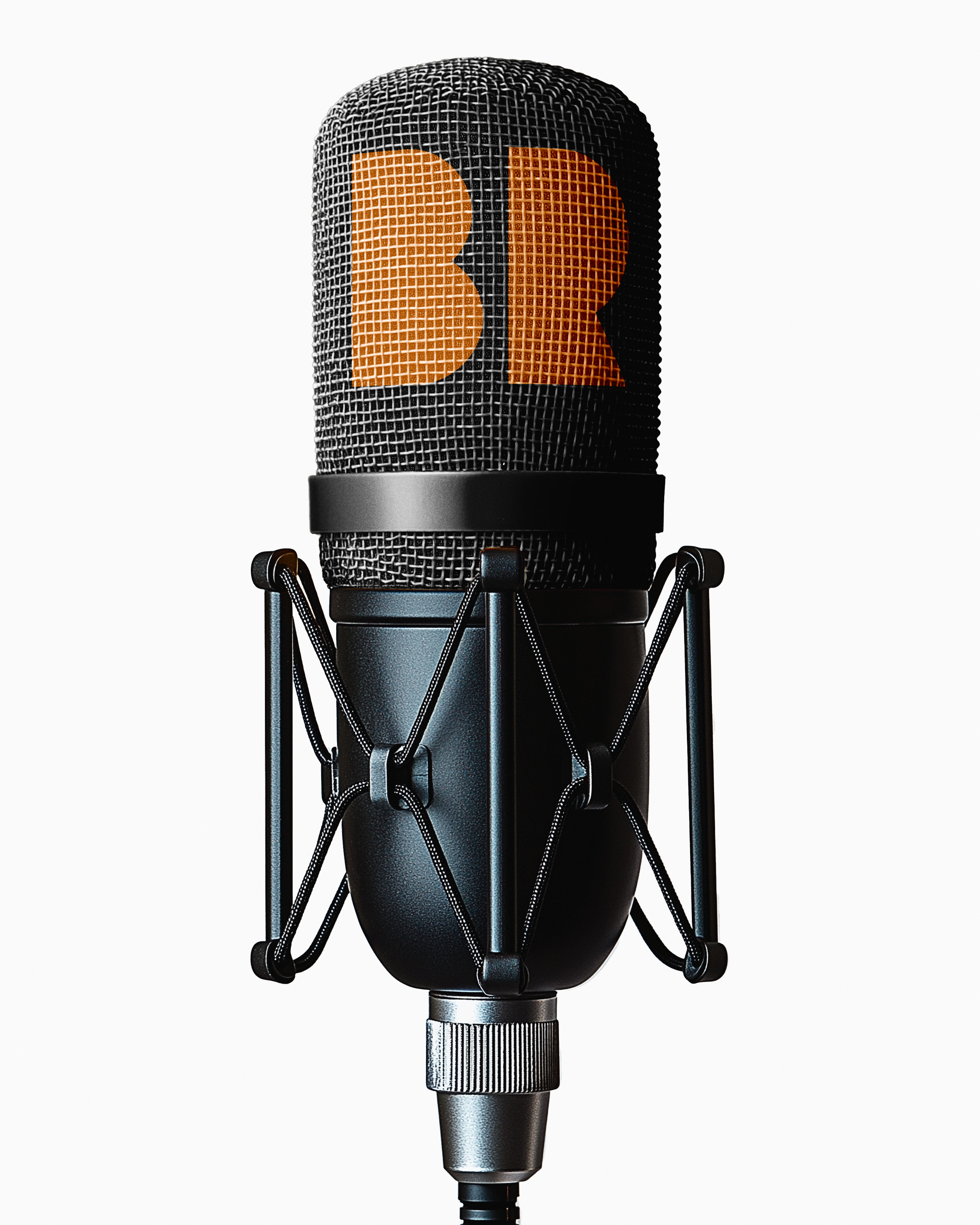 A high-quality microphone with a black body and a mesh grill, featuring a large orange and black letter 'B' logo on the front, mounted on a silver stand against a white background.