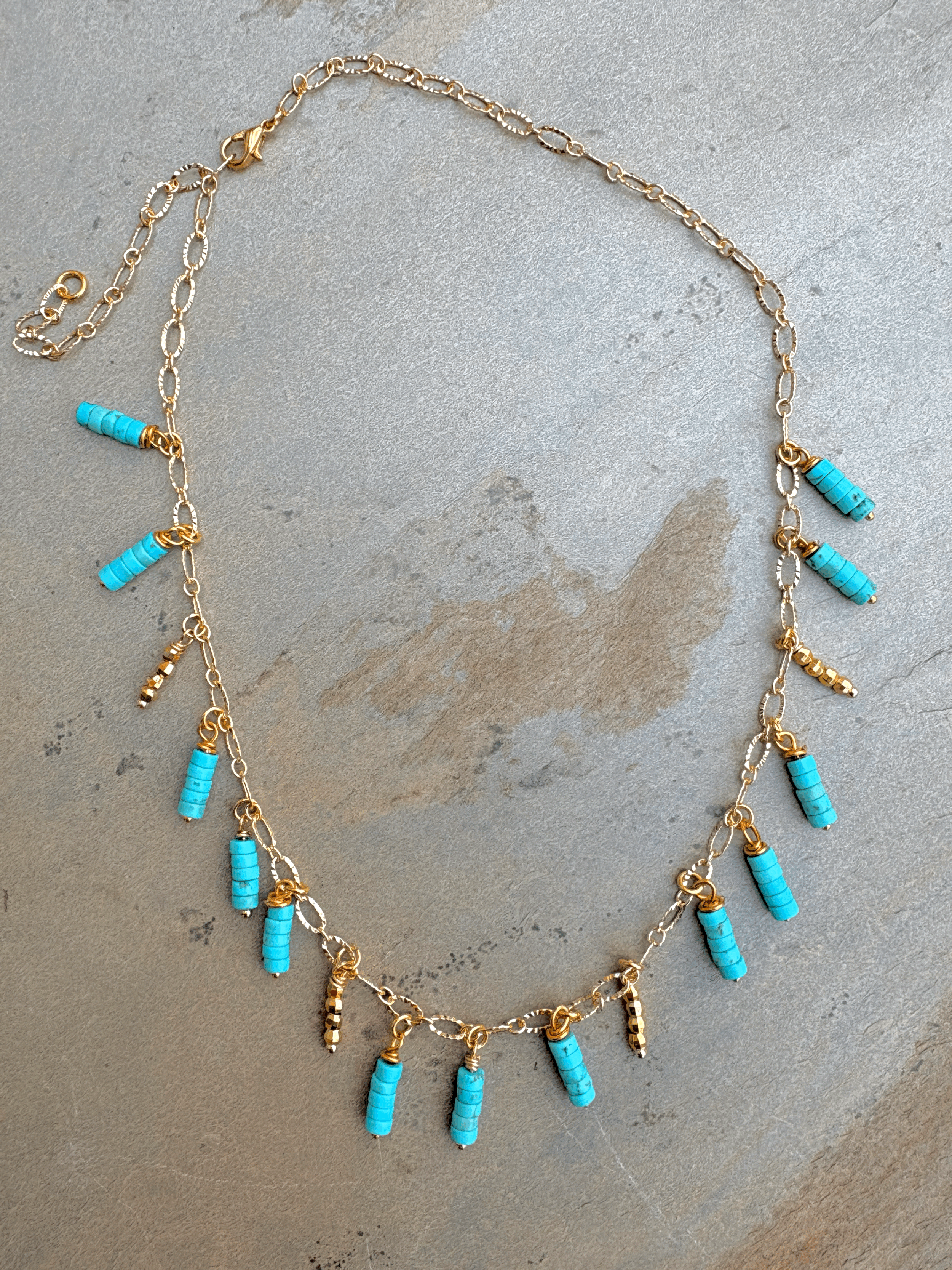 Turquoise and gold charm choker necklace