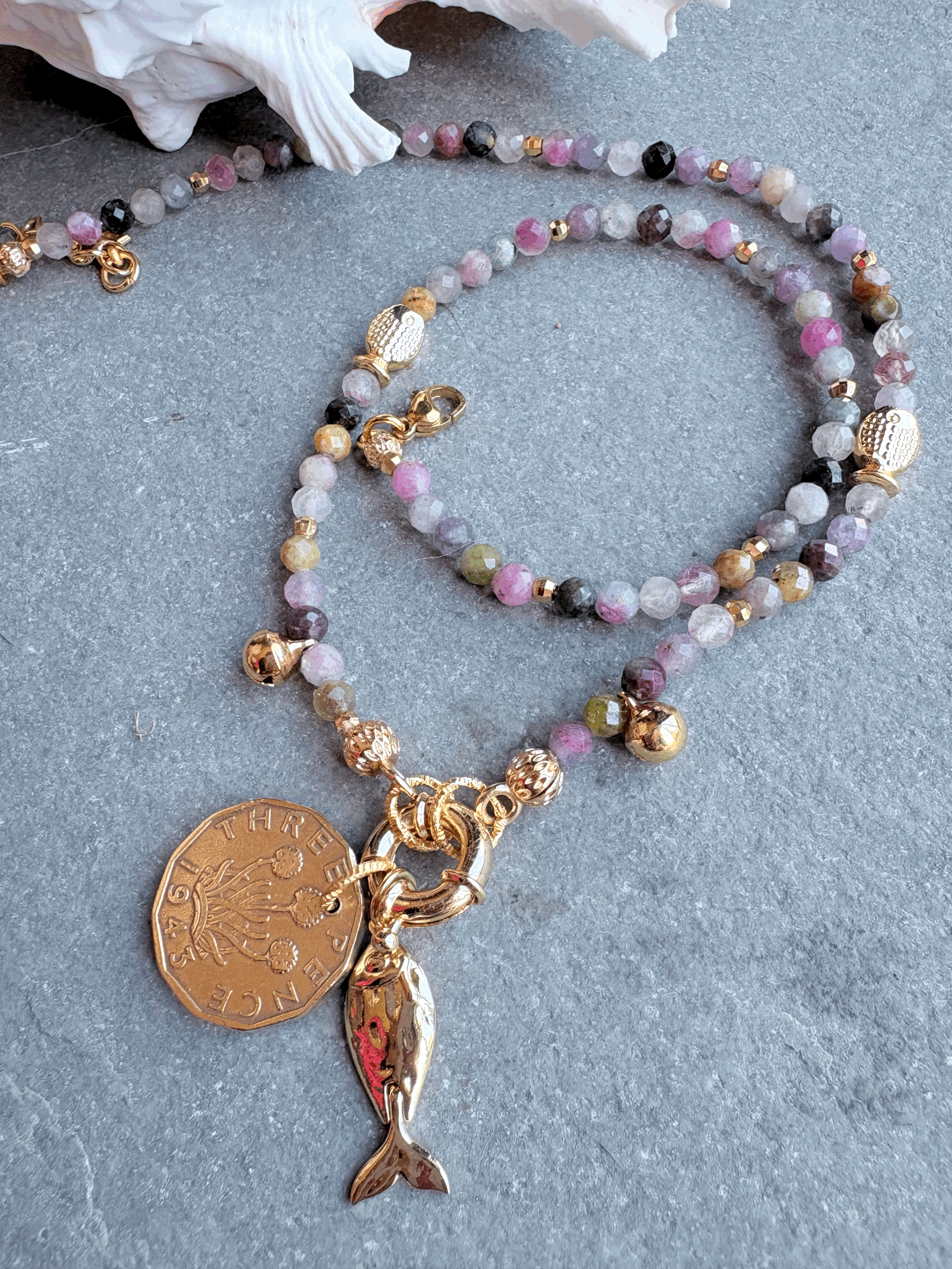 Tourmaline vintage coin pendant necklace