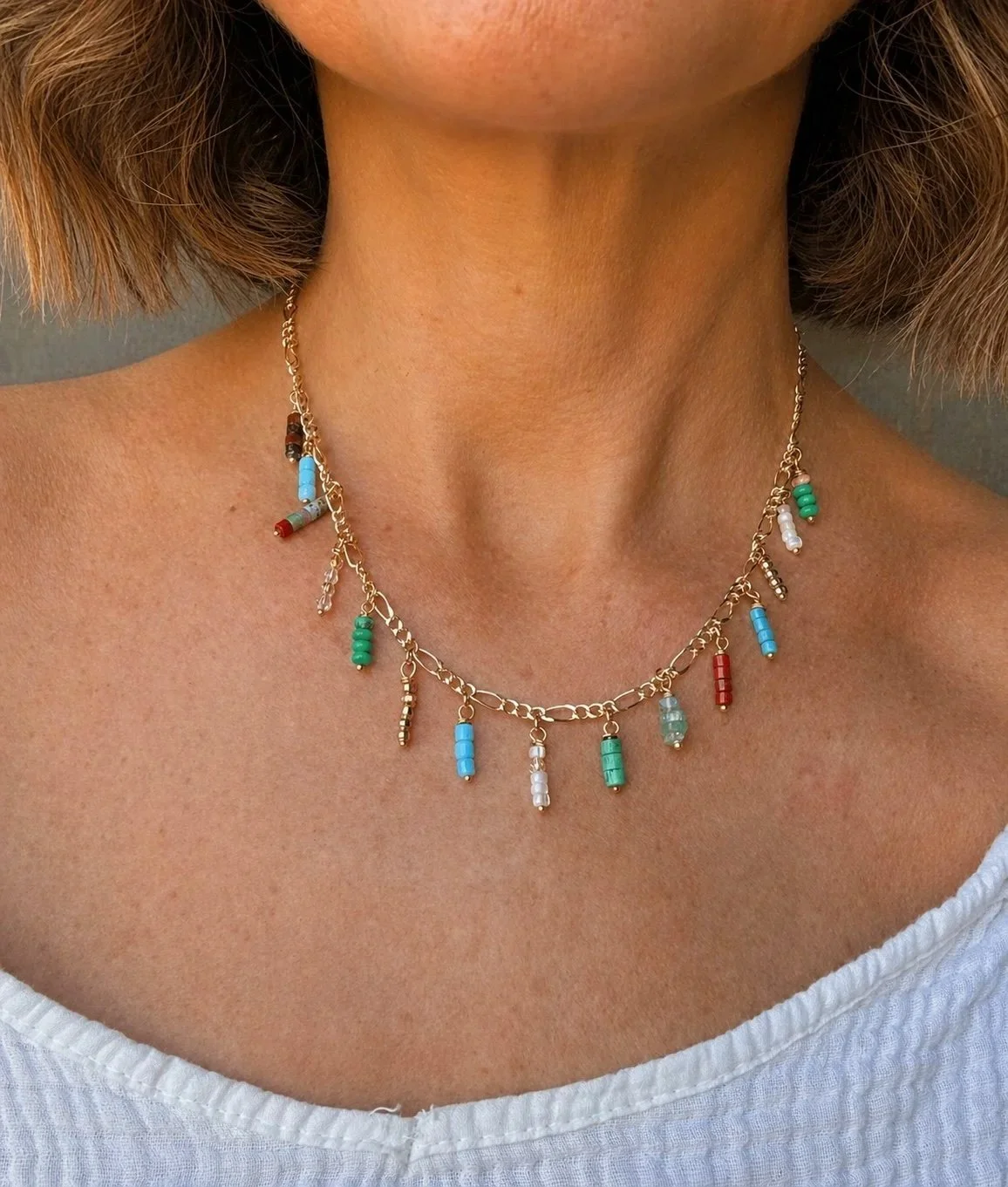 Multi-colour bead and gold charm choker necklace