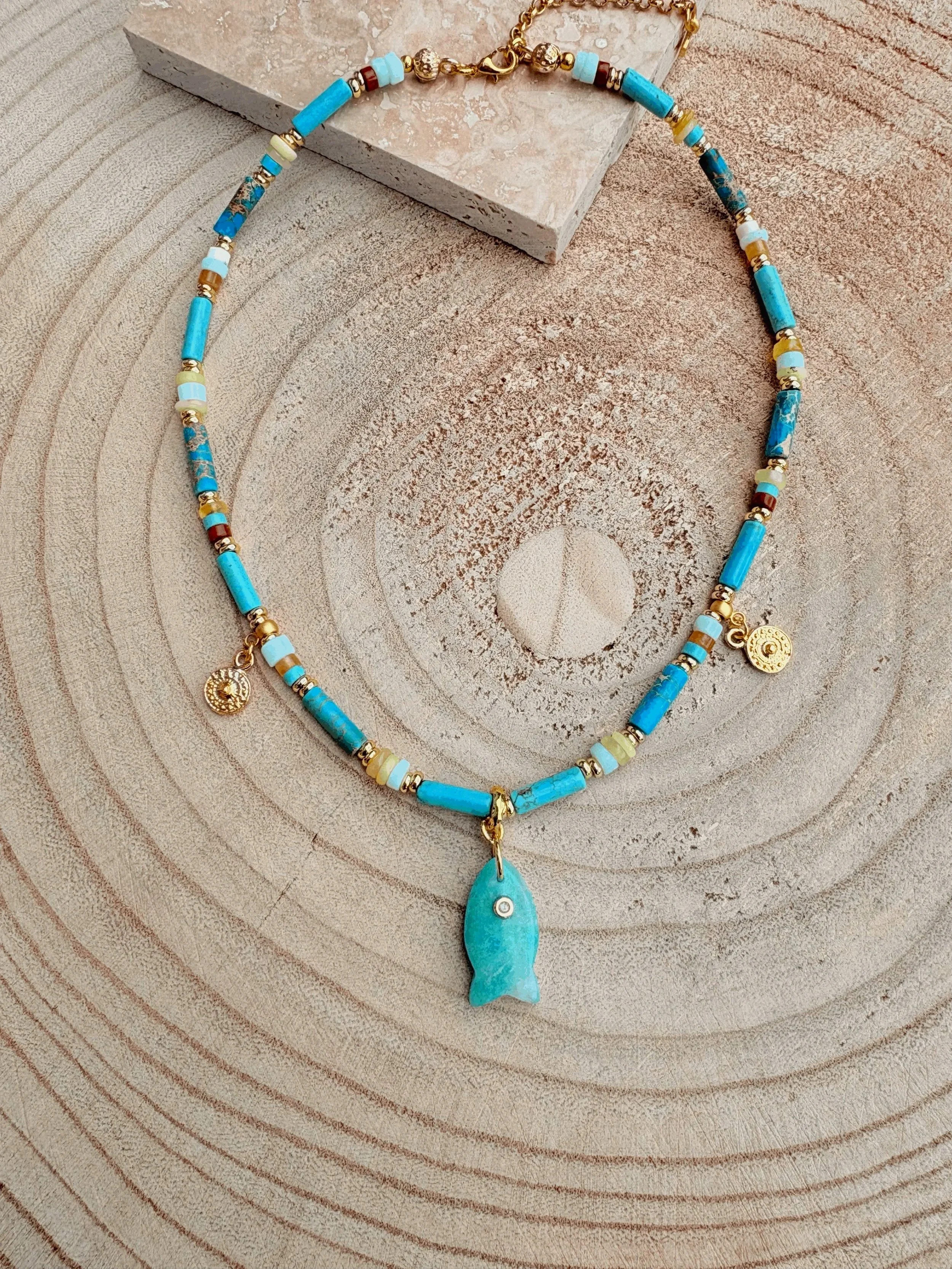 Turquoise stone fish necklace