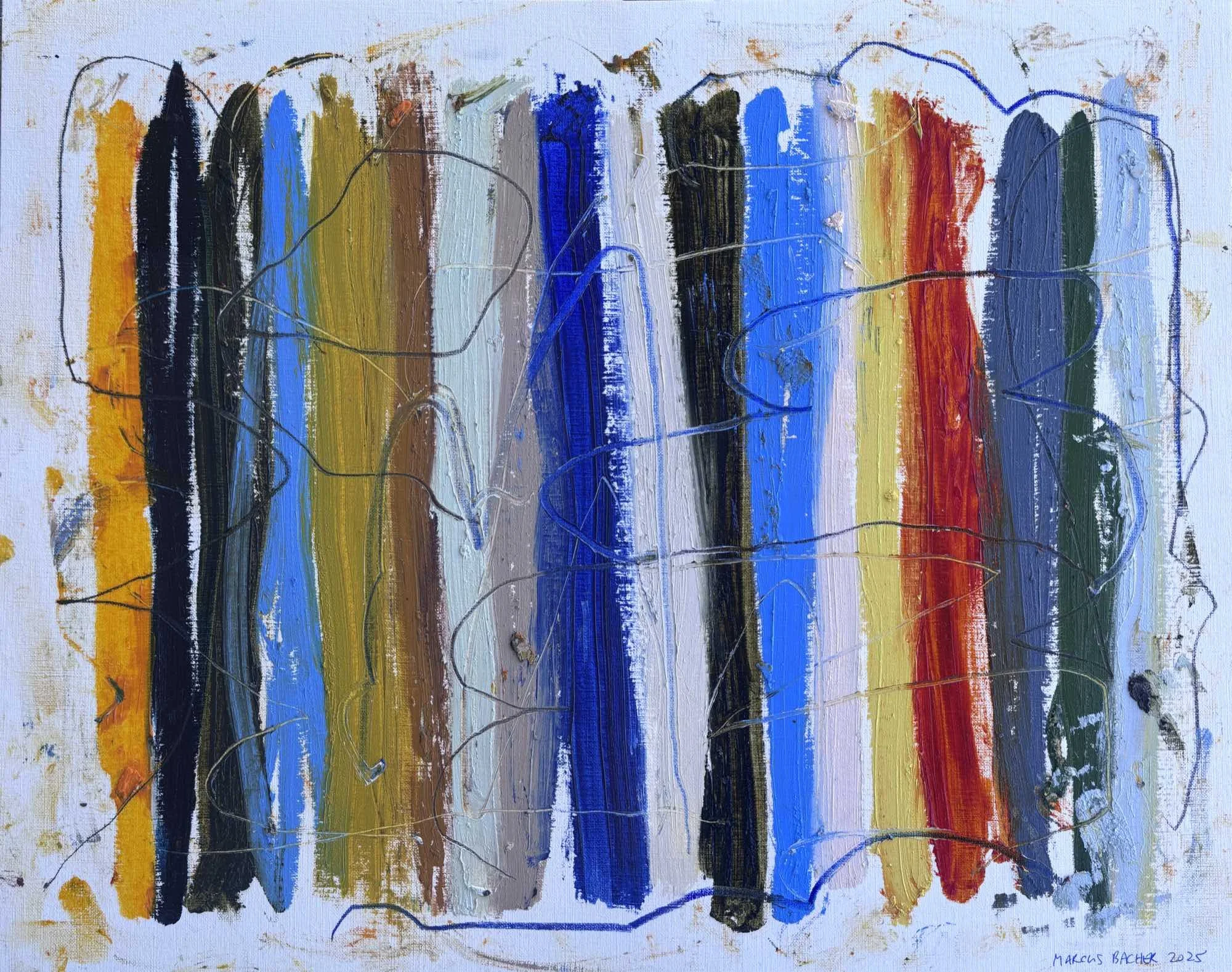 Shoreline Stripes, 20x24 original abstract painting in oil sticks and markers on paper by Marcus Bacher, vertical bands of blue, yellow, red, and green with scribbled line work.