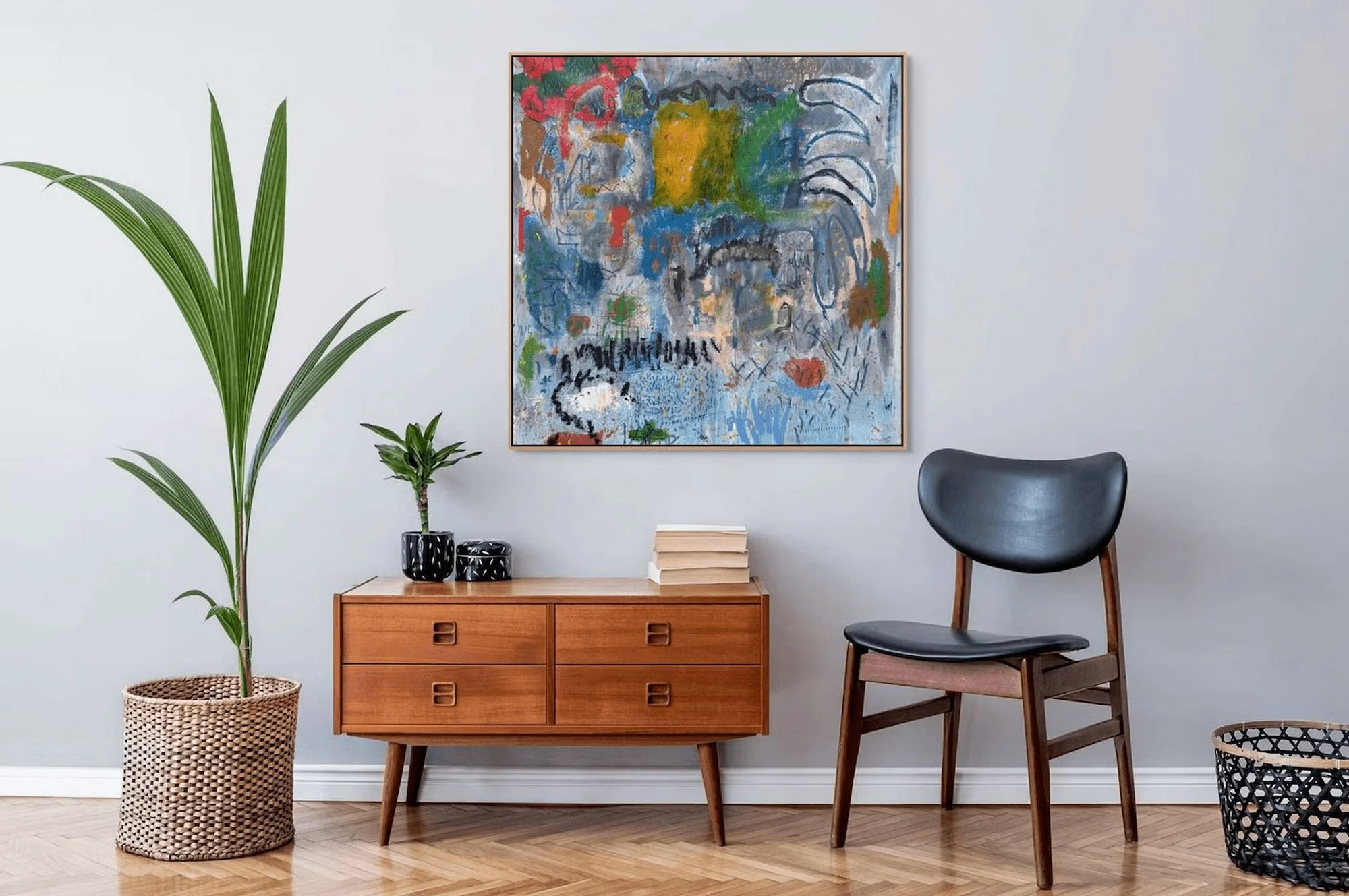Emperors Mess large square abstract painting by Marcus Bacher in mid-century modern interior