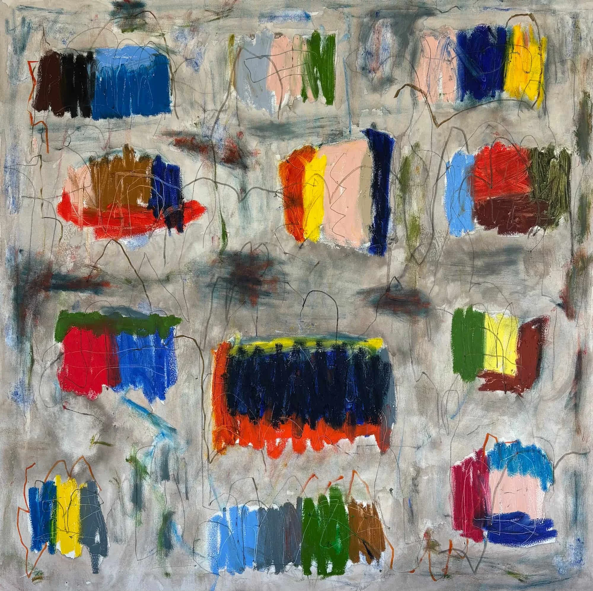 Muizenberg original abstract painting 36x36 inches oil sticks markers on canvas by Marcus Bacher 2025