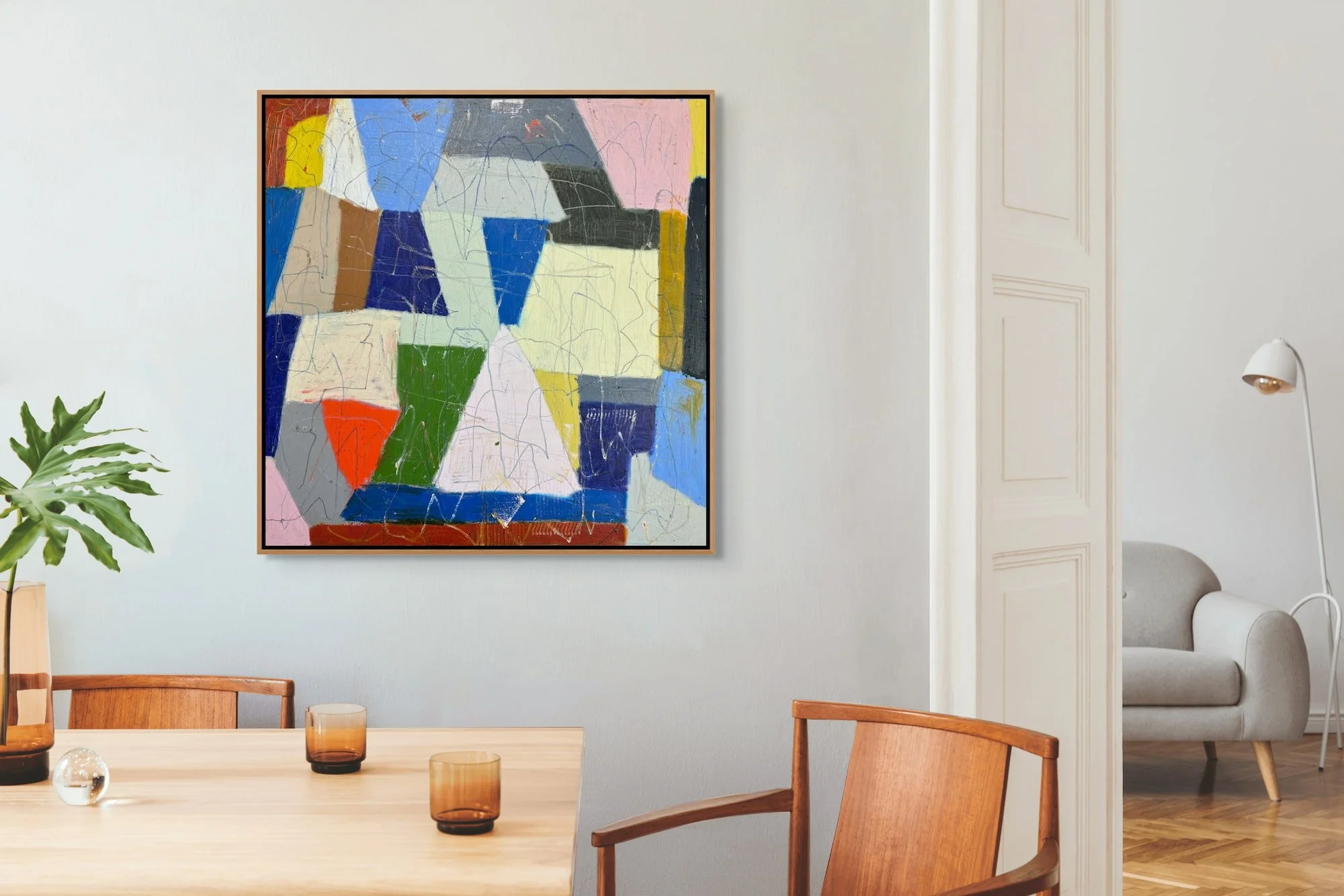 Shiny Happy People square abstract painting by Marcus Bacher in midcentury dining room