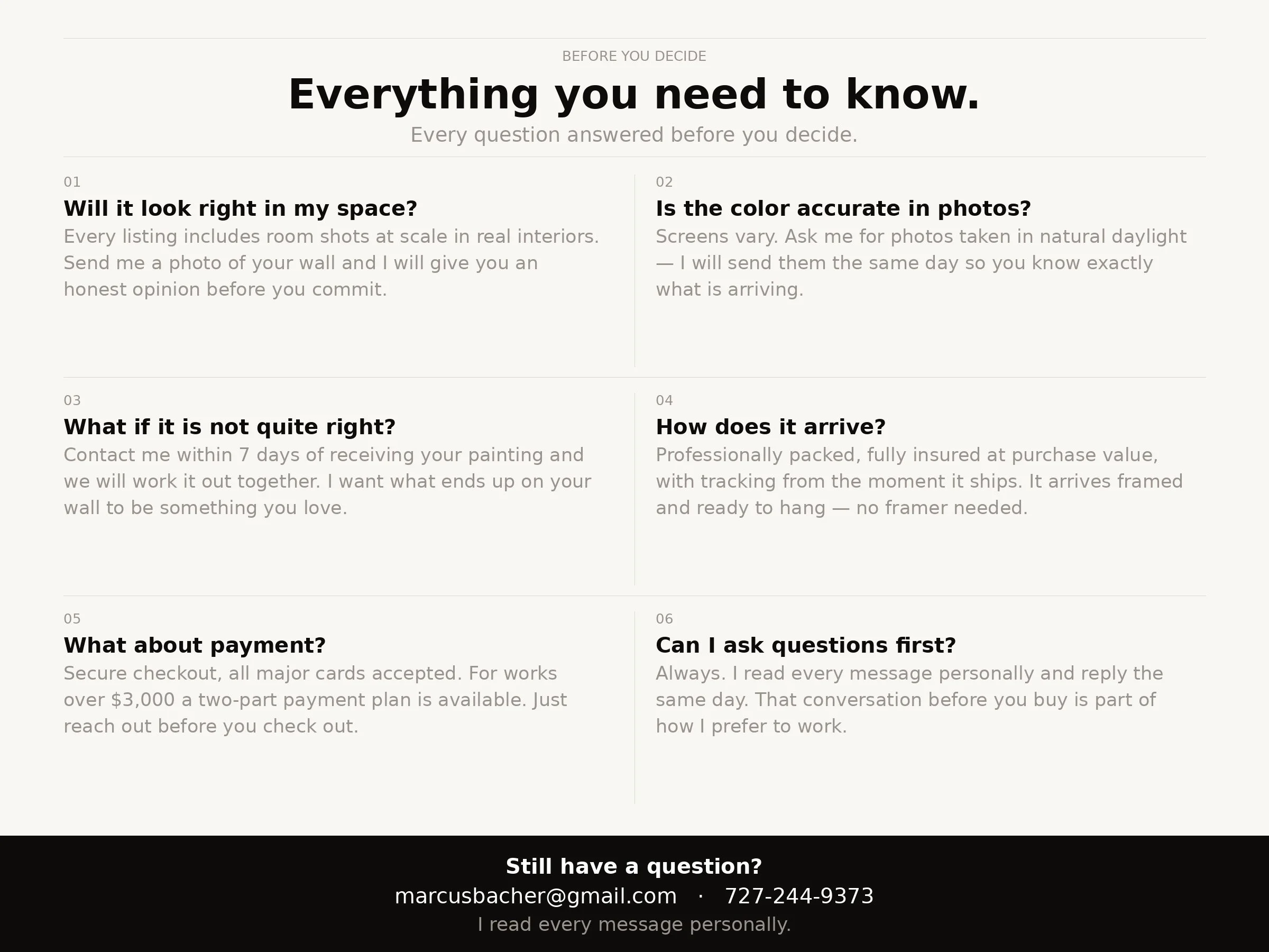everything you need to know before buying an original abstract painting by Marcus Bacher including shipping returns payment plans and contact information