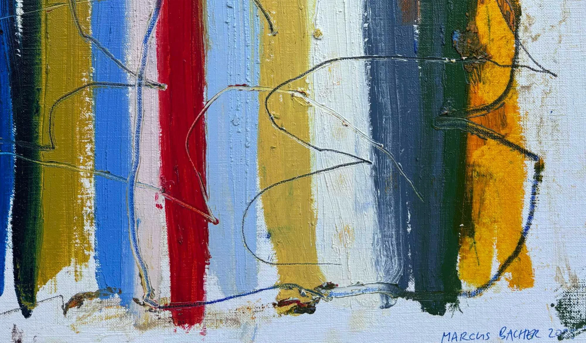 Shoreline Stripes II by Marcus Bacher, close-up near the signature, yellow, blue, and red stripes.