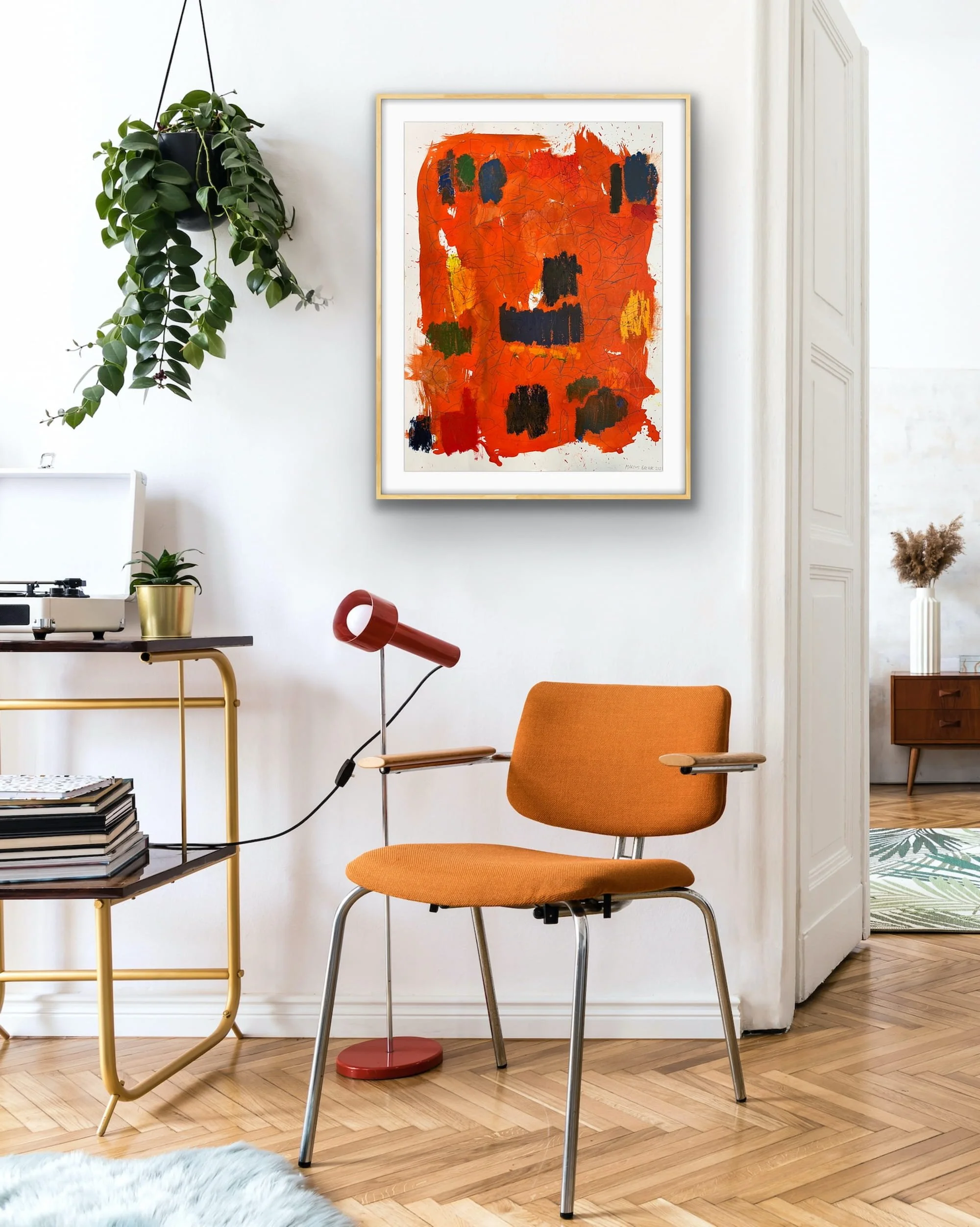 Muizenberg Orange original abstract painting by Marcus Bacher displayed in warm mid-century modern interior