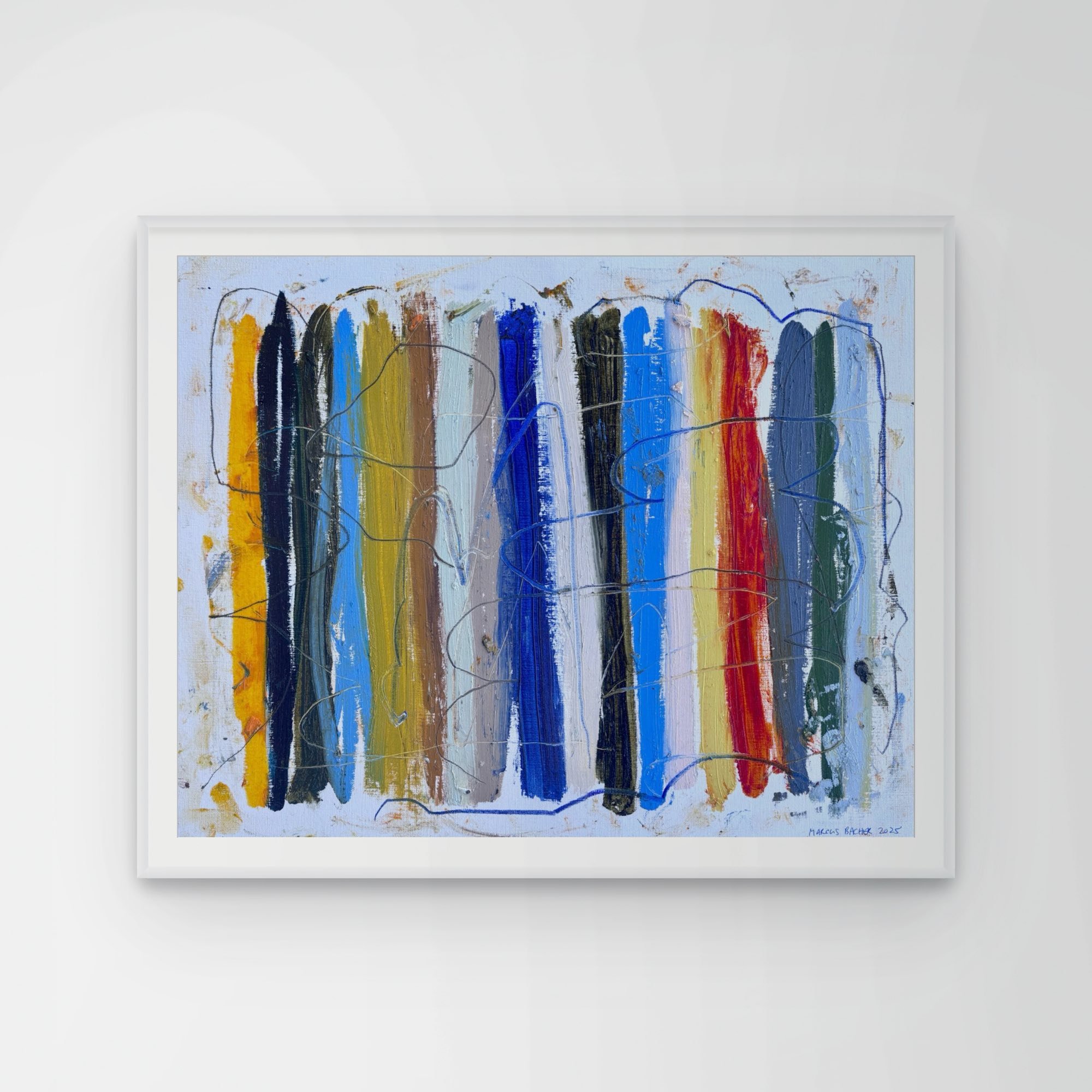 Shoreline Stripes, 20x24 original abstract painting in oil sticks and markers on paper by Marcus Bacher, framed in white on a light gray wall.