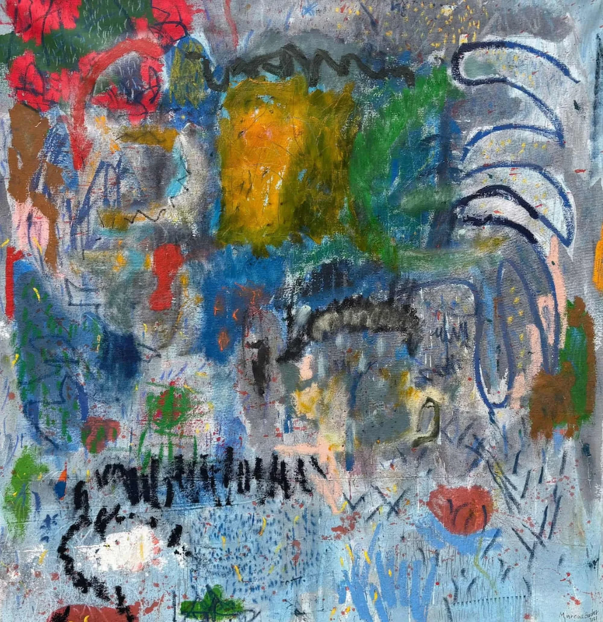 Emperors Mess original abstract painting 48x48 inches oil sticks markers on canvas by Marcus Bacher