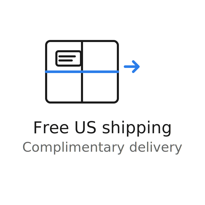 Icon of a package with an arrow pointing right, indicating shipping, with text that reads 'Free US shipping' and 'Complimentary delivery'.