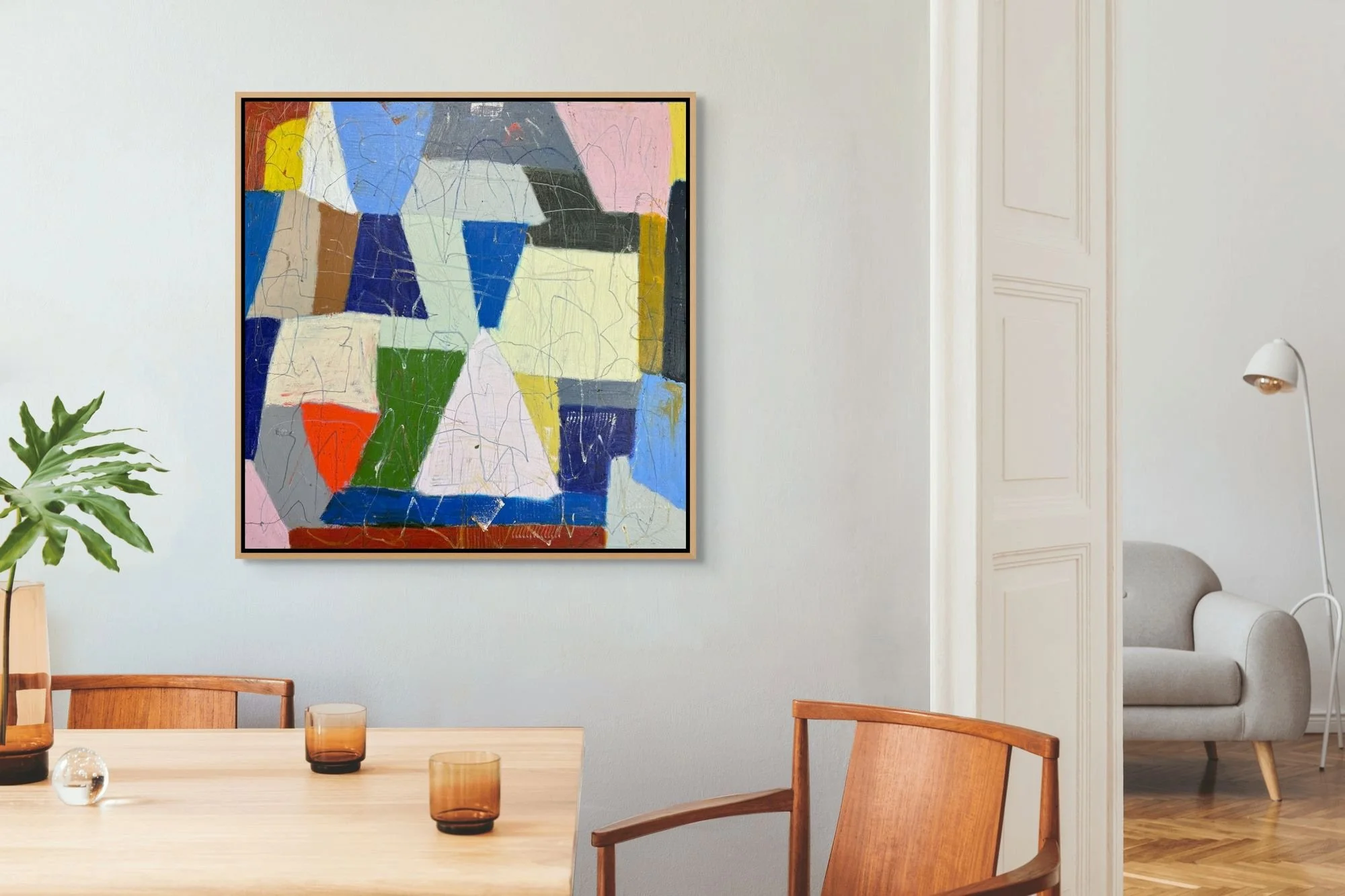 Shiny Happy People original abstract painting by Marcus Bacher displayed in Scandinavian modern dining room
