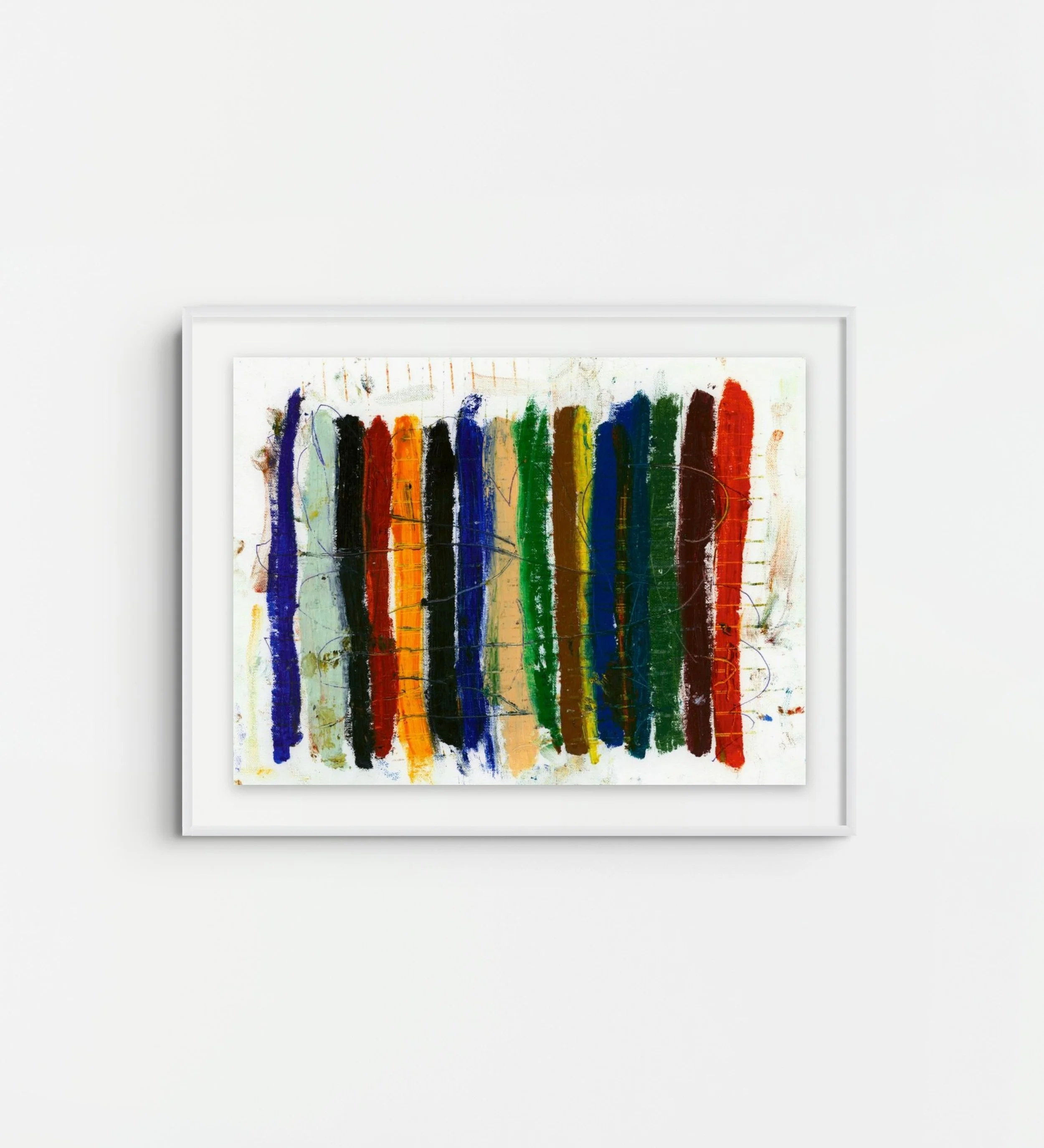 Shoreline Stripes original abstract painting 16x20 inches oil sticks markers on canvas by Marcus Bacher framed on white wall