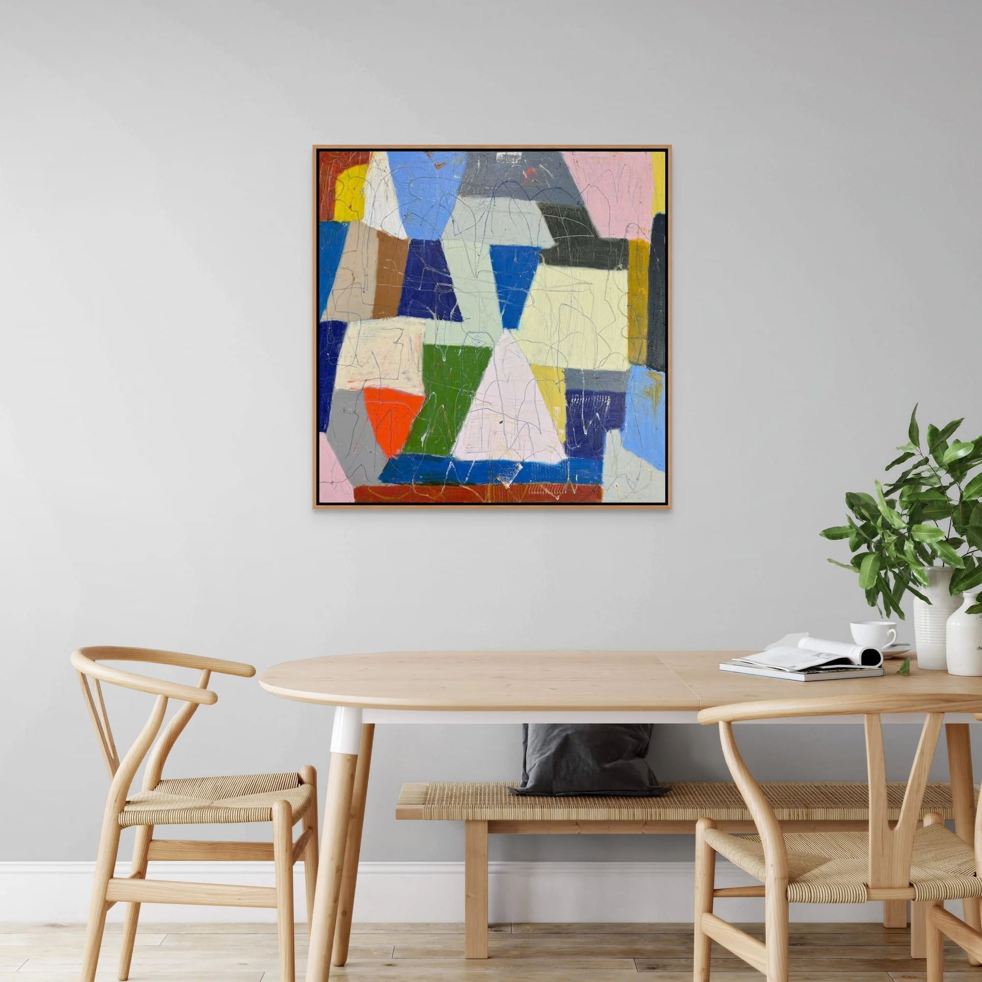 Shiny Happy People square abstract painting by Marcus Bacher modern Scandinavian dining room