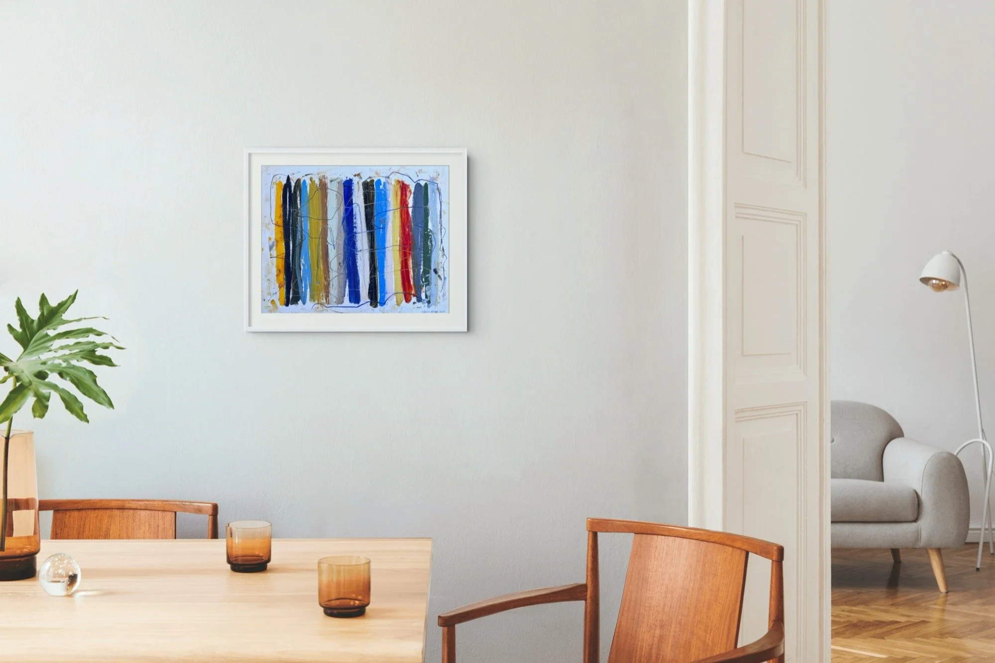 Shoreline Stripes by Marcus Bacher, framed in a mid-century modern dining room.