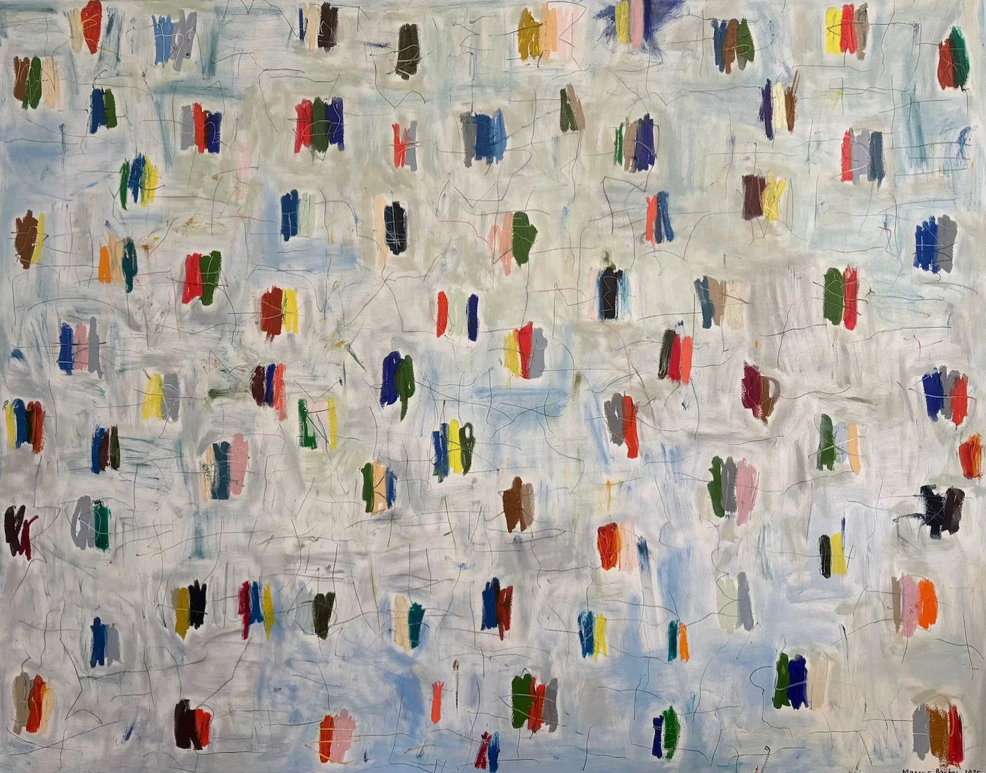 Cadence of Colors original abstract painting 48x60 inches oil sticks markers on canvas by Marcus Bacher 2025