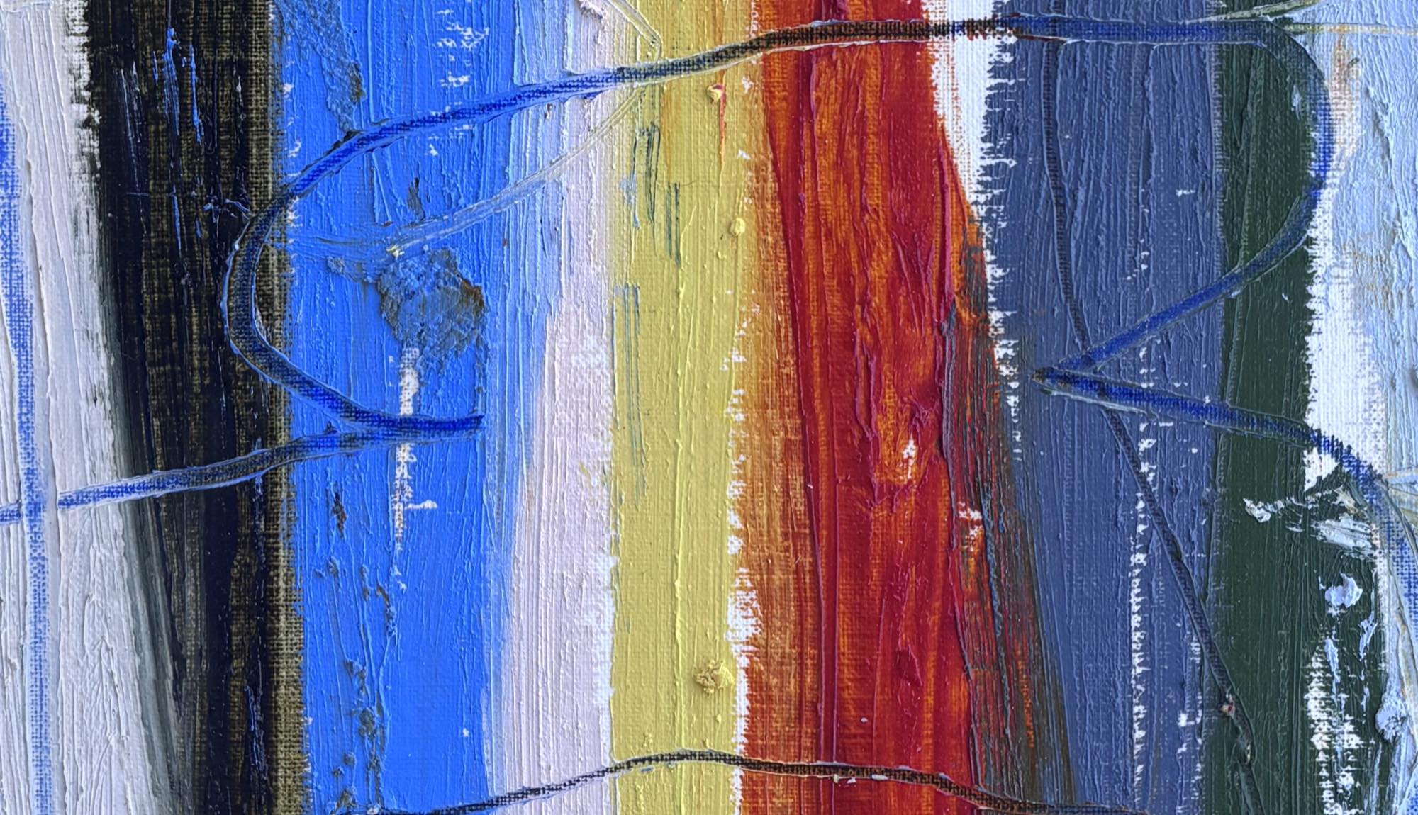 Shoreline Stripes by Marcus Bacher, close-up of the red, yellow, and blue bands and the paint texture.