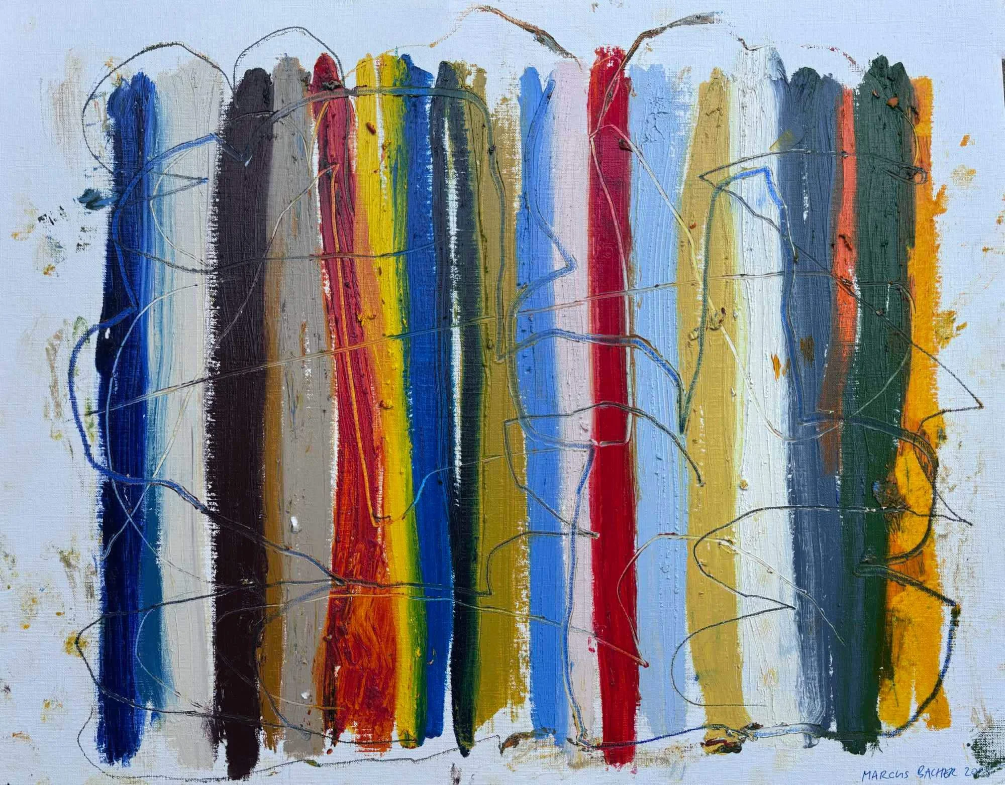Shoreline Stripes II by Marcus Bacher, vertical color stripes with loose marker lines on soft blue.