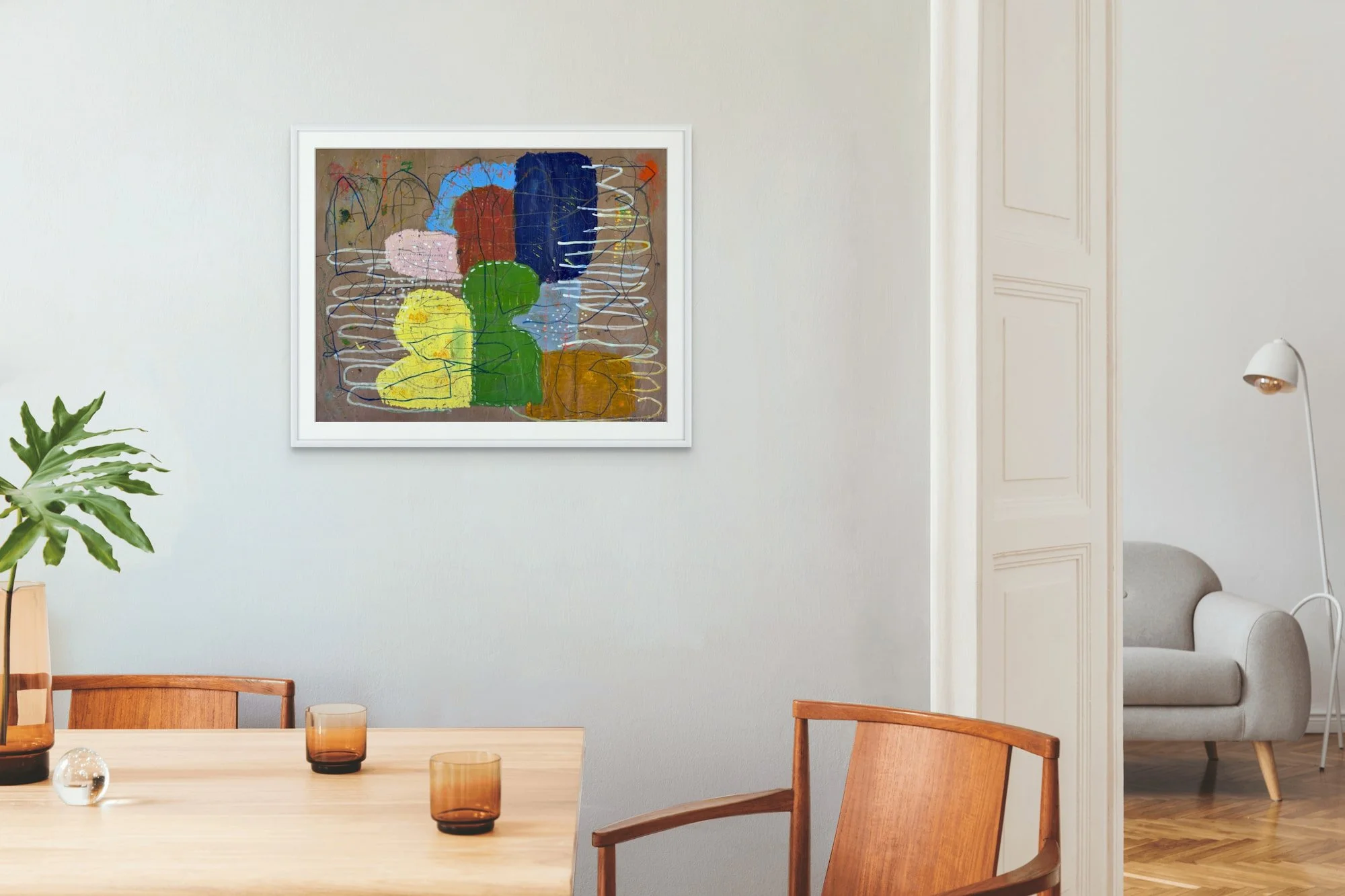 Paper Parade original abstract painting by Marcus Bacher displayed in modern home interior