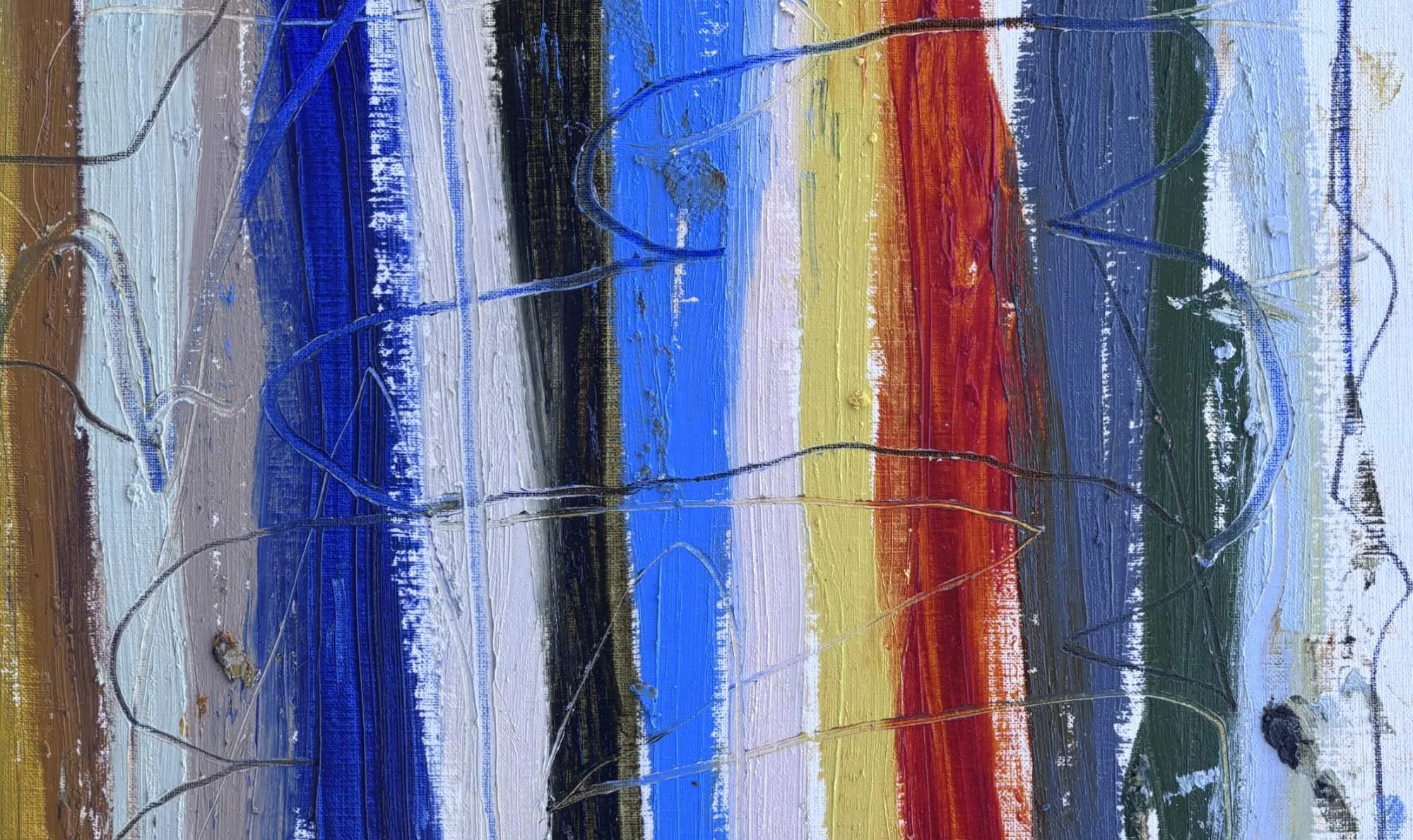 Shoreline Stripes by Marcus Bacher, close-up of the brushed oil-stick stripes and looping marker lines.