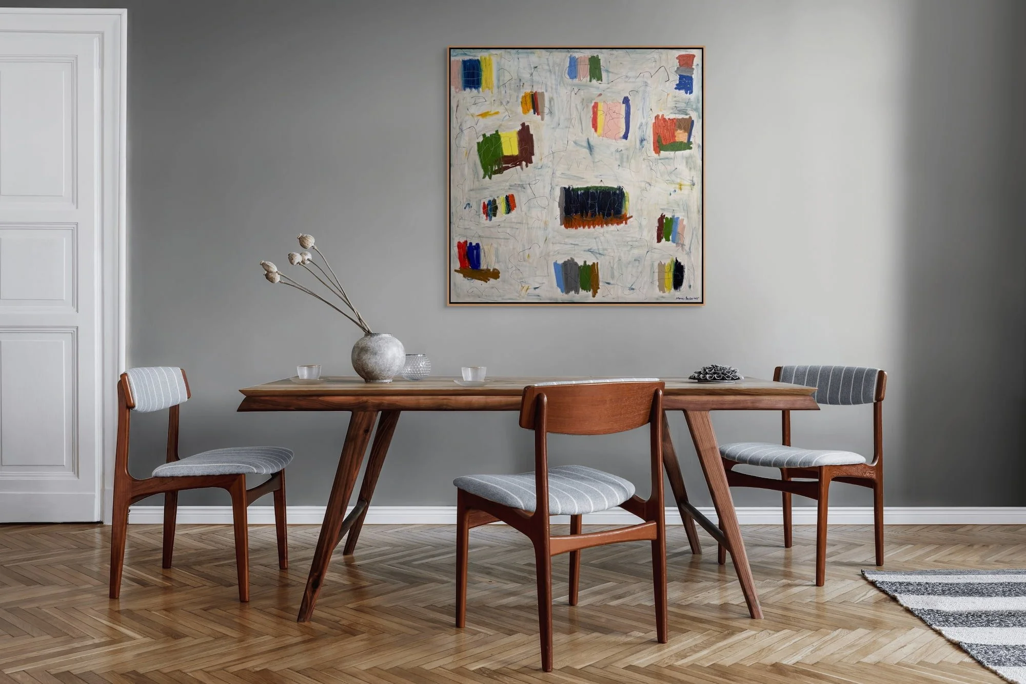 Muizenberg large square abstract painting by Marcus Bacher displayed above in midcentury modern dining room interior