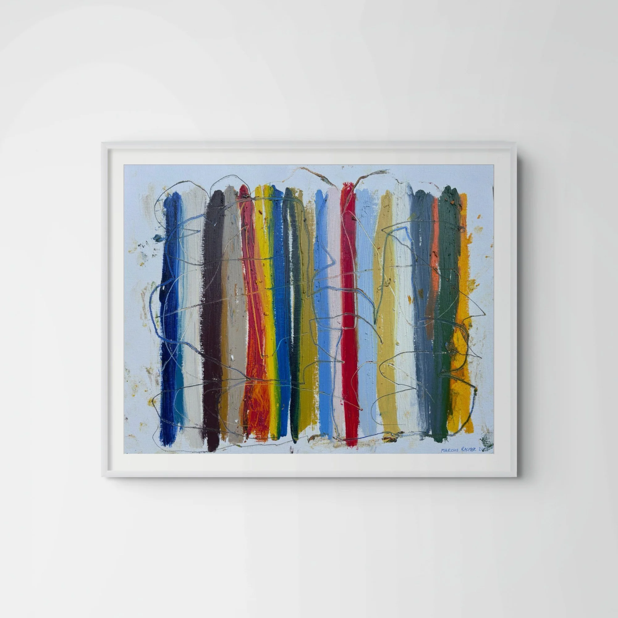 Shoreline Stripes II, 20x24 framed original abstract painting in oil sticks and markers on paper by Marcus Bacher, vertical stripes in blue, red, and yellow in a white frame on a pale gray wall.