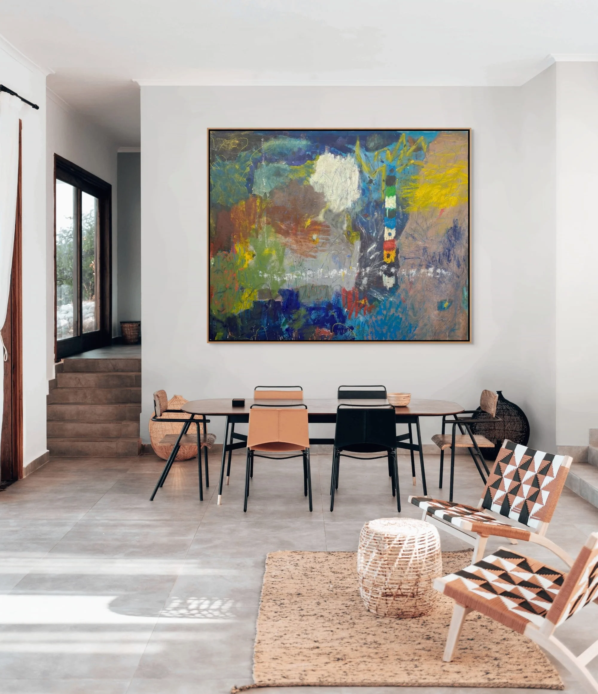 Vertical Pulse oversized original abstract painting by Marcus Bacher displayed in warm contemporary dining room