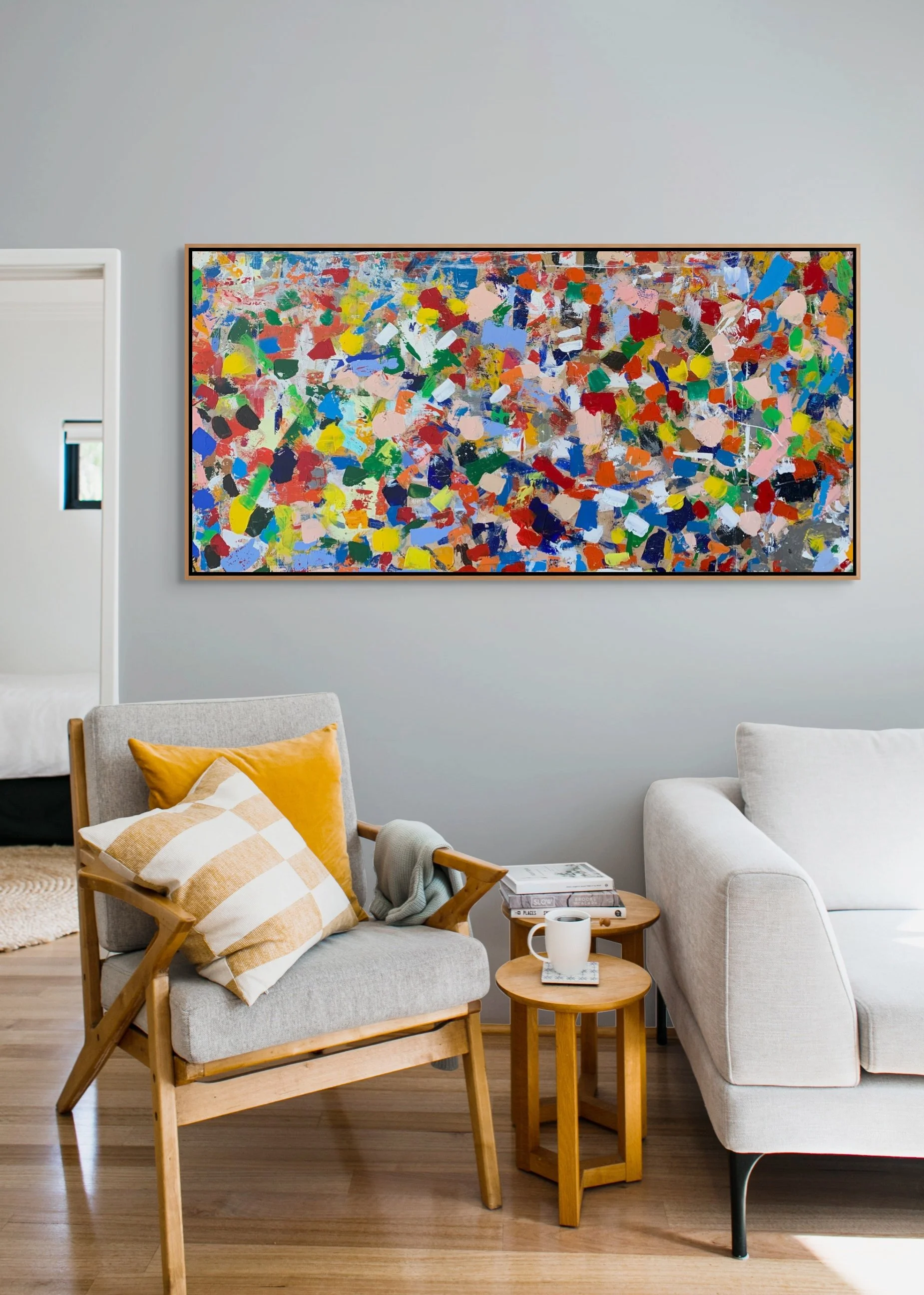 lLeftovers large colorful abstract painting by Marcus Bacher displayed in modern living room