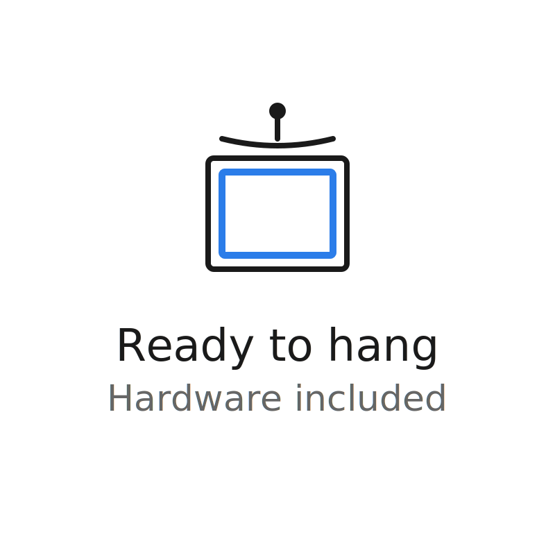 Graphic of a ceiling mount, with text indicating 'Ready to hang' and 'Hardware included'.