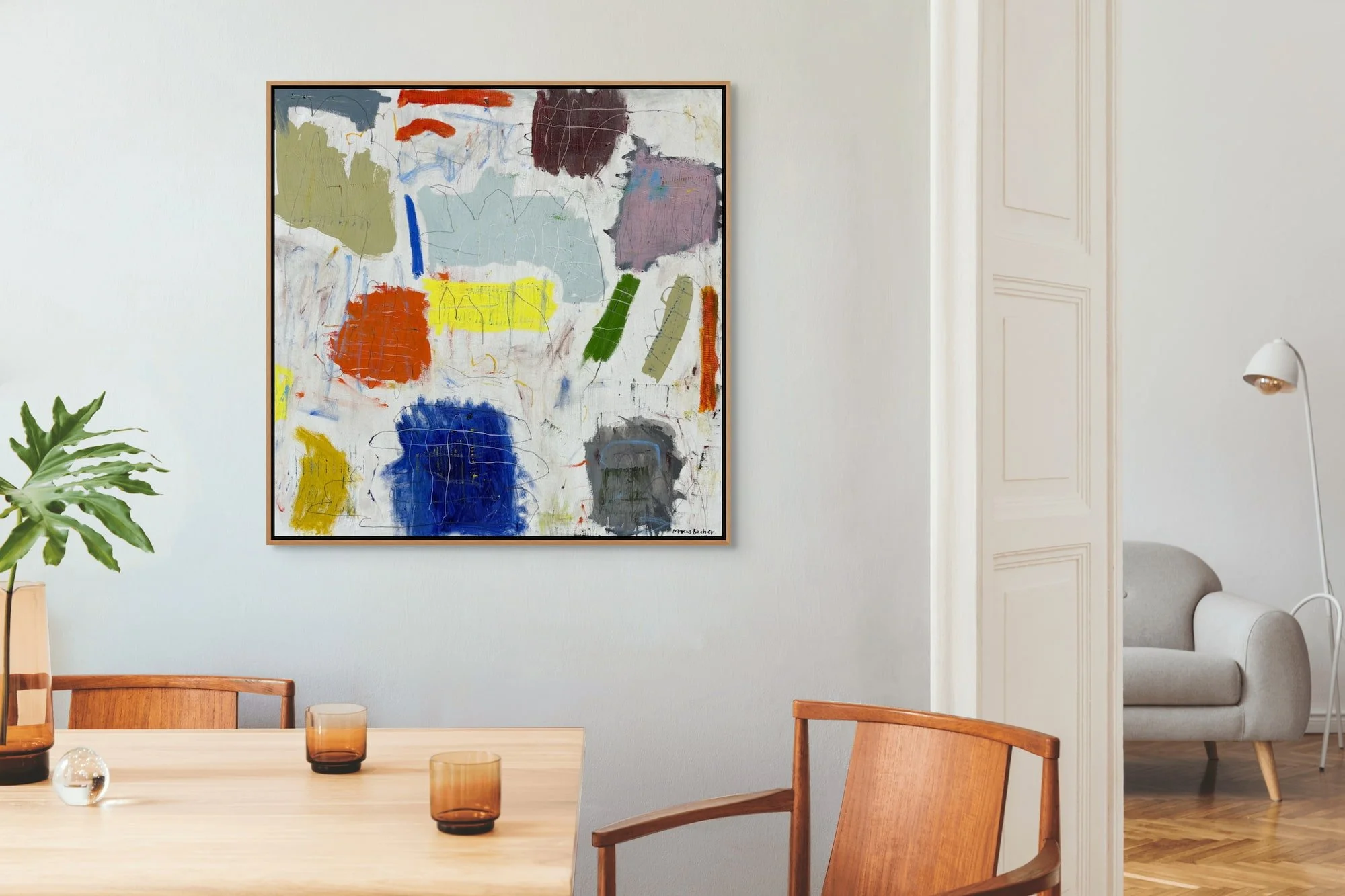 Colored Blocks square abstract painting by Marcus Bacher displayed in modern home interior