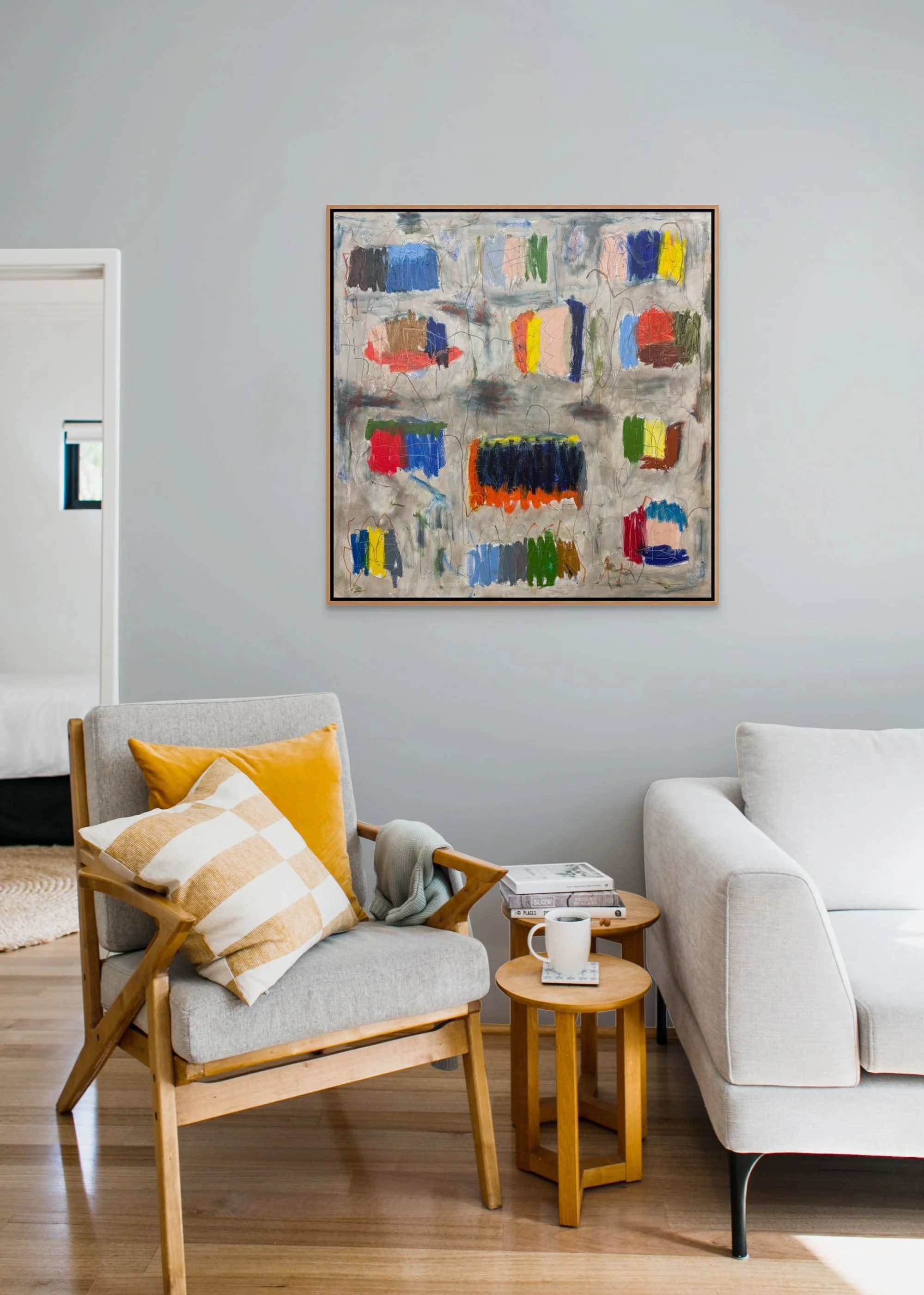 Muizenberg square abstract painting by Marcus Bacher displayed in modern home interior