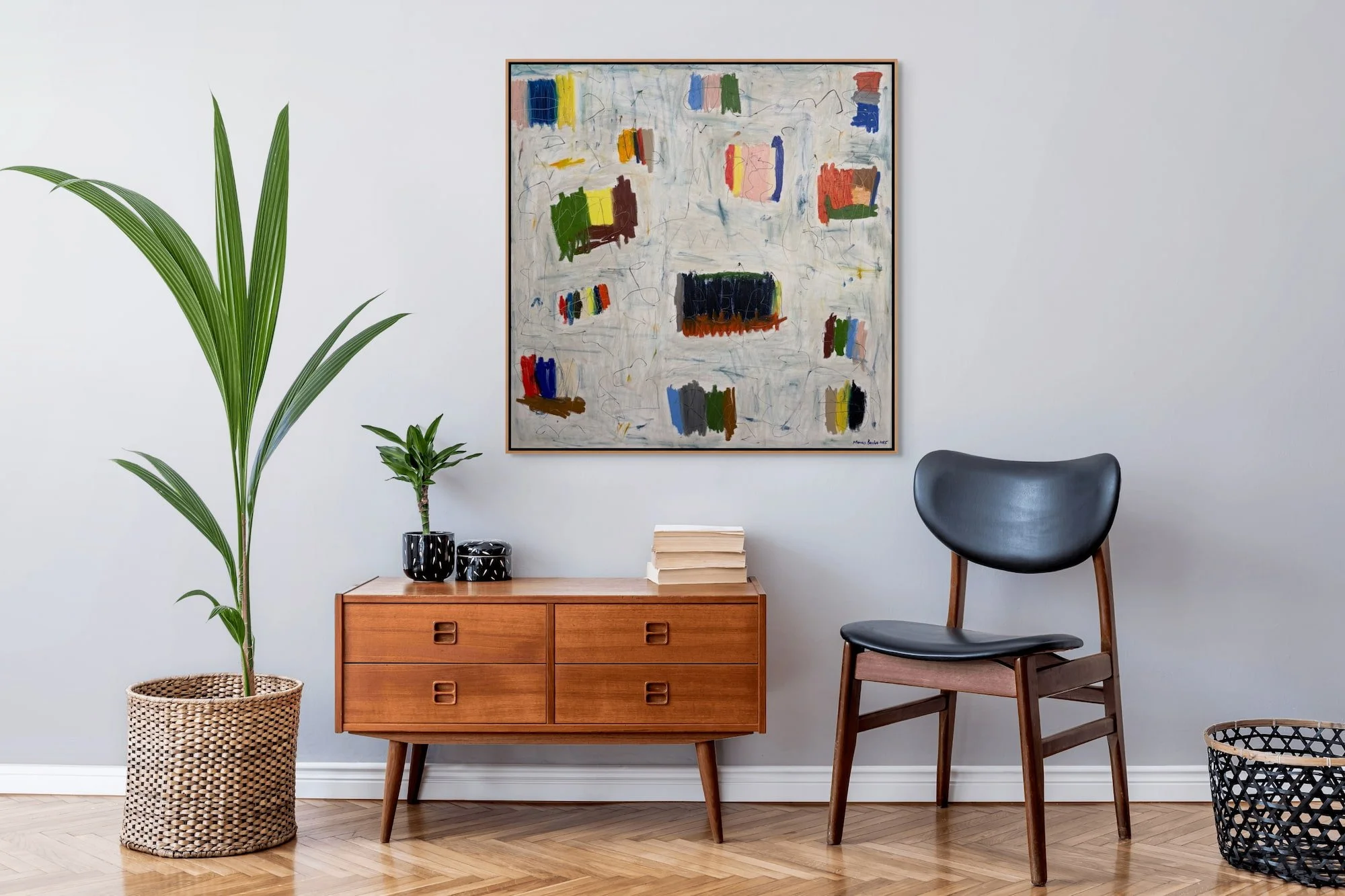 Muizenberg large square abstract painting by Marcus Bacher displayed in midcentury modern living room