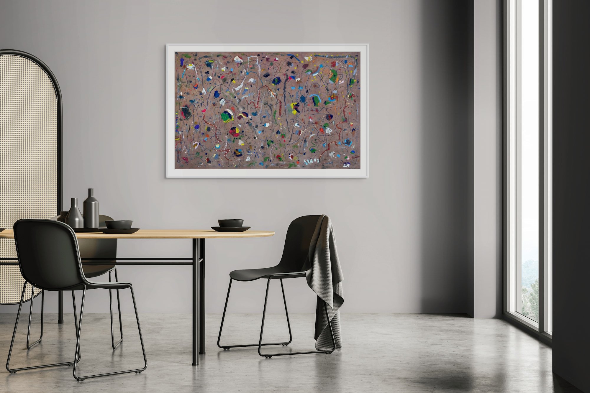 Confetti in a Windstorm original abstract painting by Marcus Bacher displayed in contemporary minimal dining room