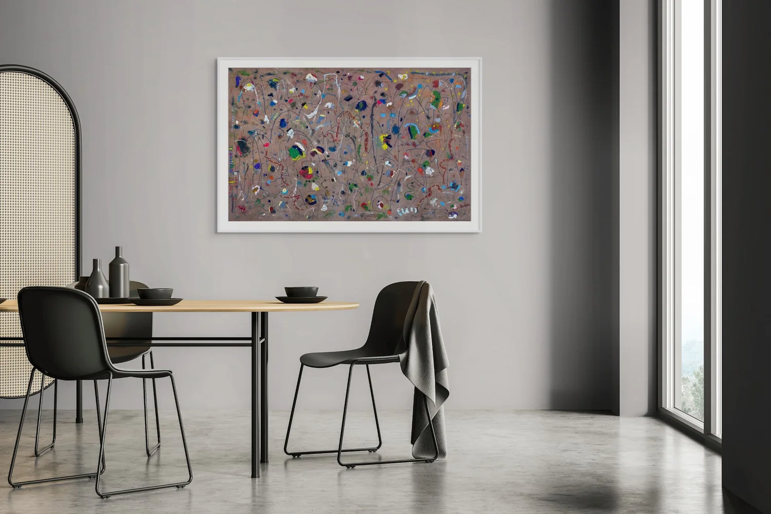 Confetti in a Windstorm original abstract painting by Marcus Bacher displayed in contemporary minimal dining room