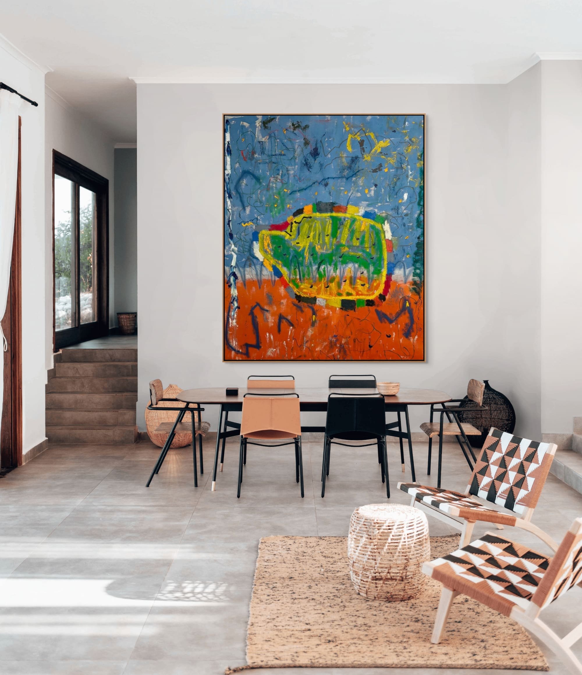 Oranje Blanje Blou oversized abstract painting by Marcus Bacher displayed in modern home interior